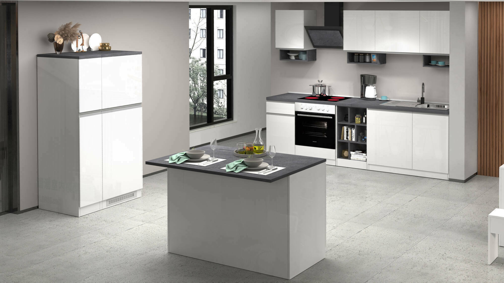 Cucina completa Balme, Set da cucina modulabile, Cucina componibile con piÃ¹ elementi, 100% Made in Italy, Bianco lucido e Ardesia