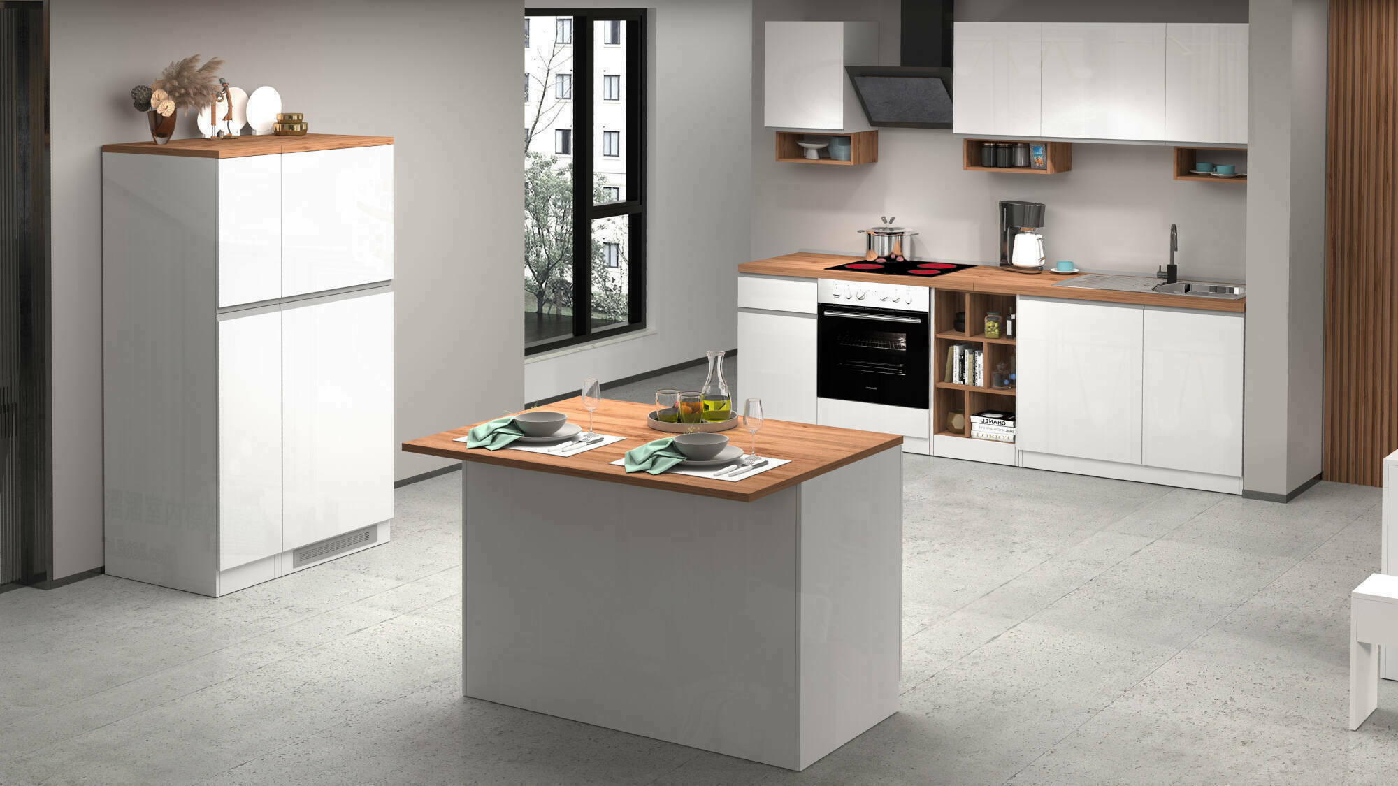 Cucina completa Armend, Set da cucina modulabile, Cucina componibile con piÃ¹ elementi, 100% Made in Italy, Bianco lucido e Rovere