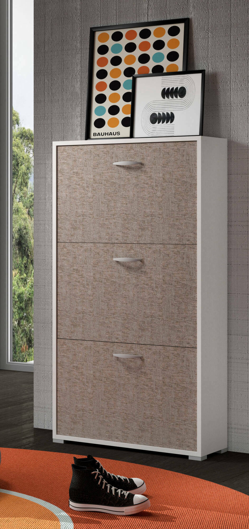 Scarpiera Bernard, Porta scarpe salvaspazio, Armadio da ingresso multiuso, Mobile per calzature 3 ante, Made in Italy, 73x25h120 cm, Bianco e Marrone