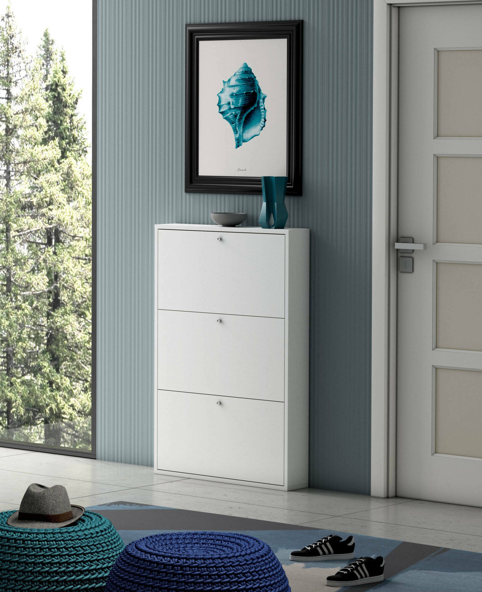 Scarpiera Ashobaa, Porta scarpe salvaspazio, Armadio da ingresso multiuso, Mobile per calzature 3 ante, Made in Italy, 73x15h110 cm, Bianco