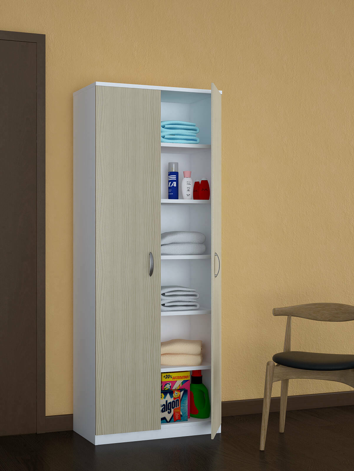 Armadio multiuso 2 ante Ermanno, Mobile multifunzionale, Armadietto porta scarpe, Guardaroba porta scope, Made in Italy, 72x36h186 cm, Bianco e Rovere