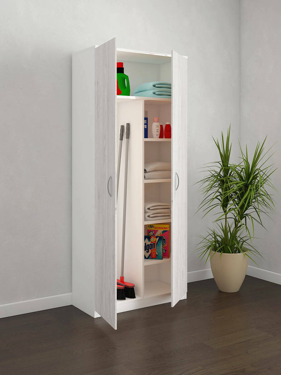 Armadio multiuso 2 ante Shiro, Mobile multifunzionale, Armadietto porta scarpe, Guardaroba porta scope, Made in Italy, 72x36h186 cm, Bianco e Rovere chiaro