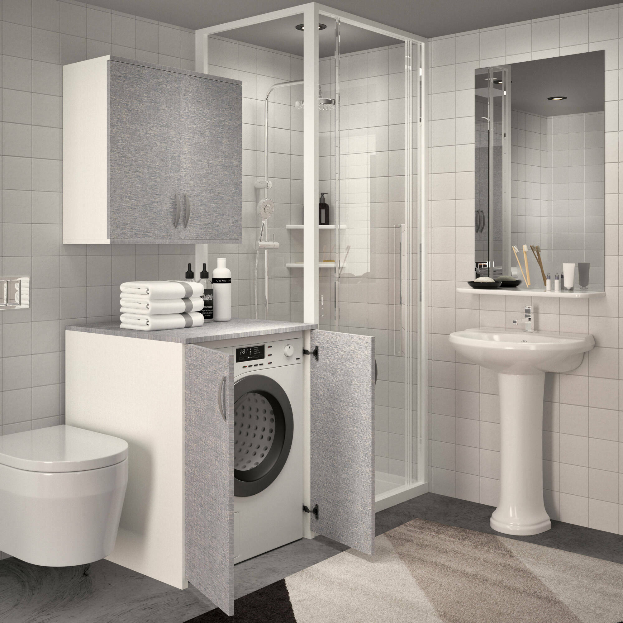 Armadio multiuso 2 ante Atzara, Mobile multifunzionale, Armadietto porta scarpe, Guardaroba porta scope, Made in Italy, 76x70h90 cm, Bianco e Grigio