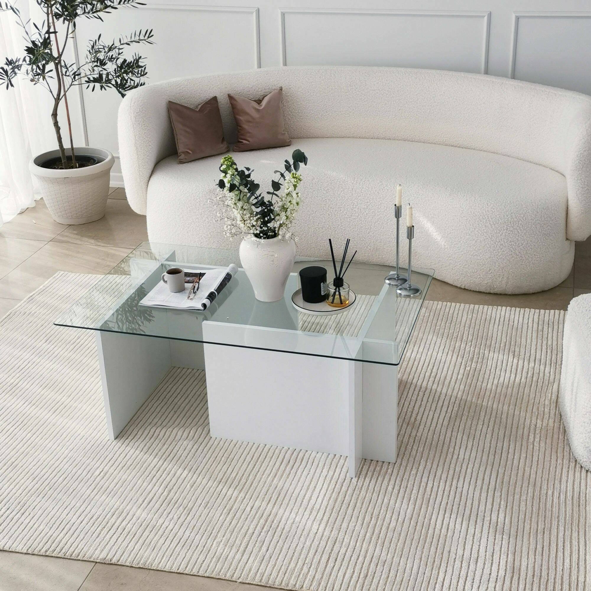 Tavolino da salotto Teti, Tavolo basso da caffè, Portariviste per divano, Ripiano da soggiorno, 105x65h40 cm, Bianco