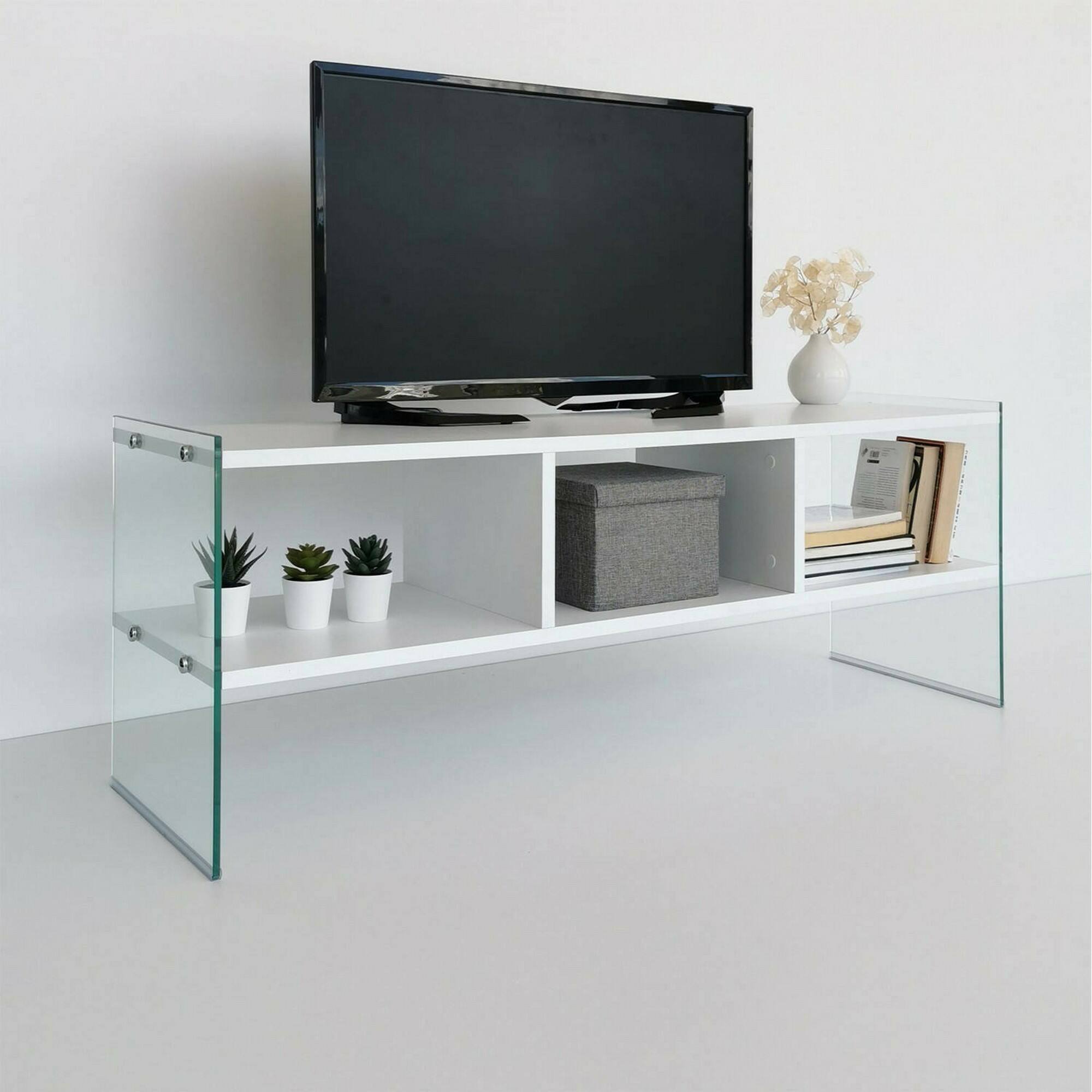 Mobile porta TV Winifred, Credenza da soggiorno, Armadio basso per TV, Base parete attrezzata, 120x35h45 cm, Bianco