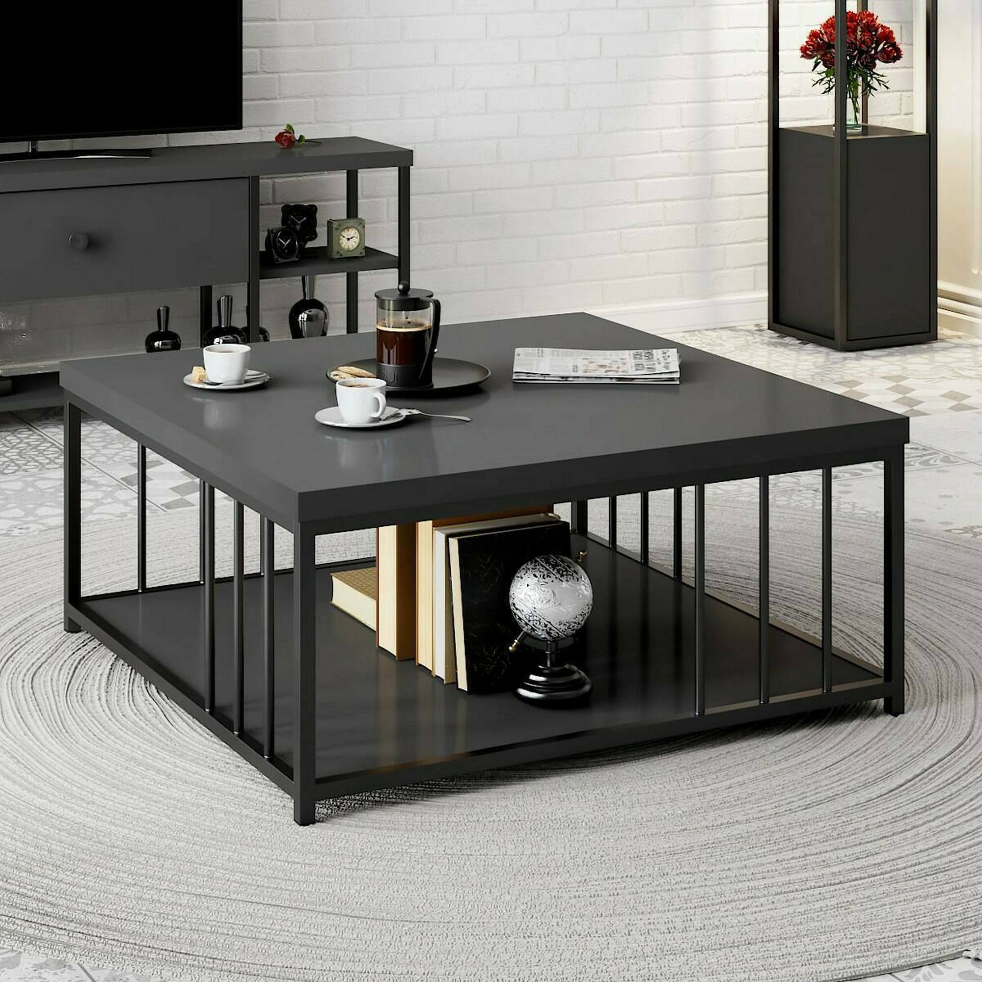 Tavolino da salotto Raiden, Tavolo basso da caffè, Portariviste per divano, Ripiano da soggiorno, 90x90h40 cm, Antracite e Nero