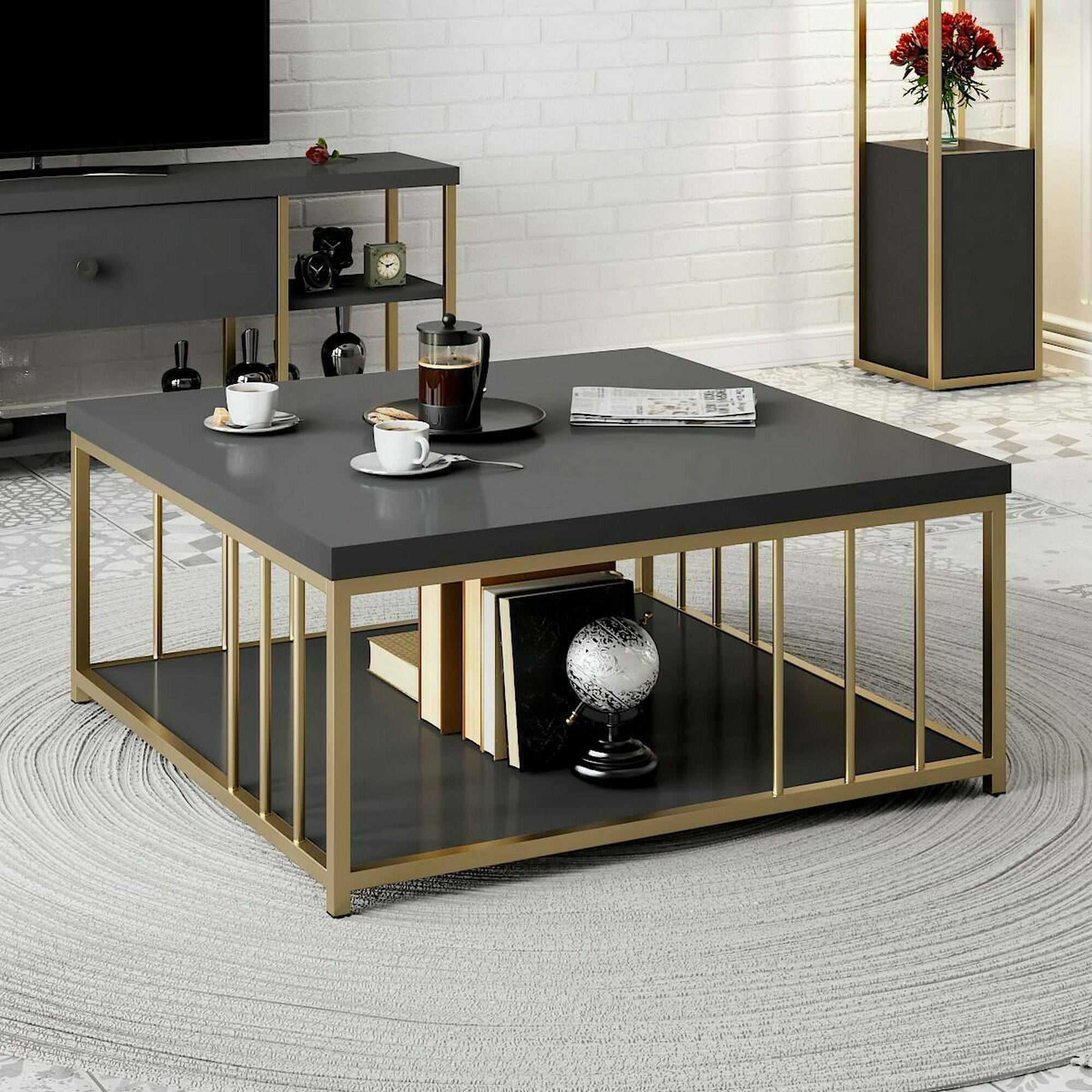 Tavolino da salotto Raiden, Tavolo basso da caffè, Portariviste per divano, Ripiano da soggiorno, 90x90h40 cm, Antracite e Oro