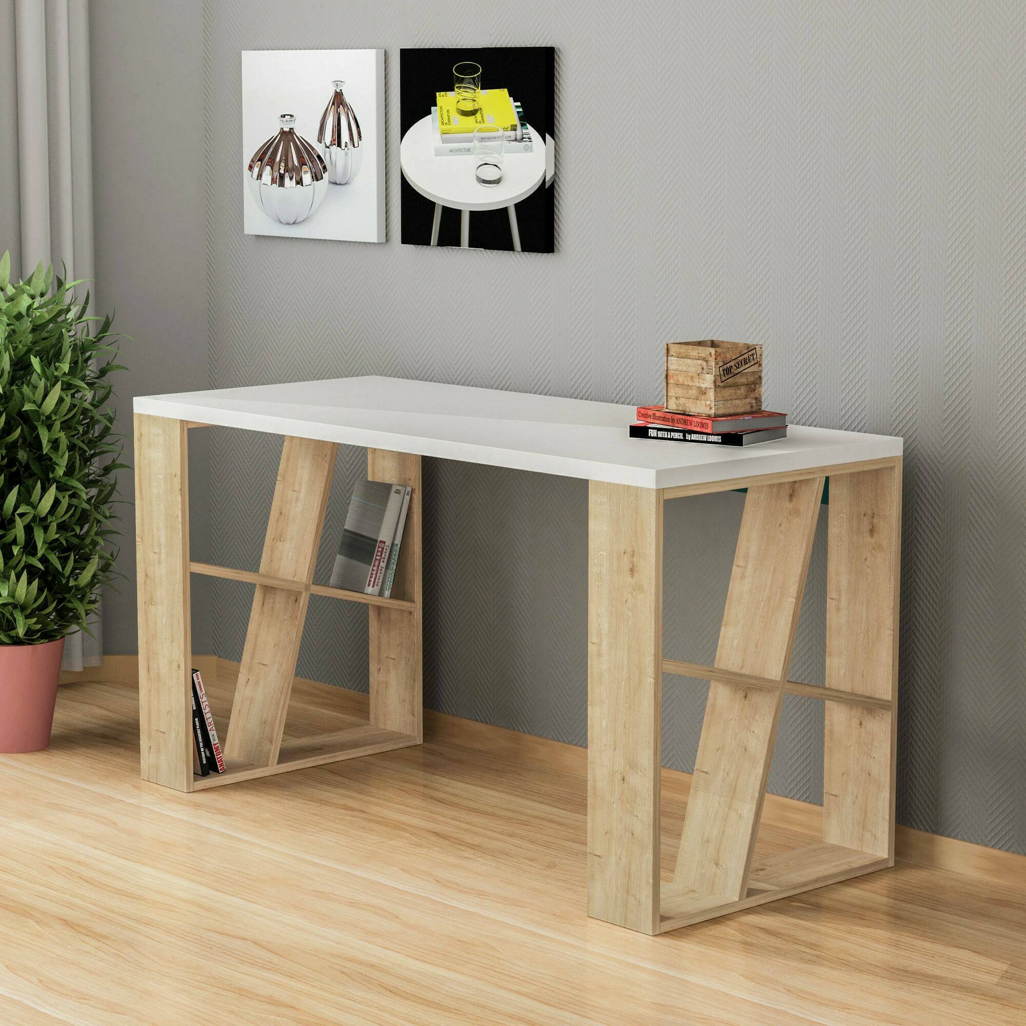 Scrivania Ernestina, Scrittoio multiuso, Tavolo per ufficio porta PC, Piano di lavoro, 140x60h75 cm, Bianco e Rovere