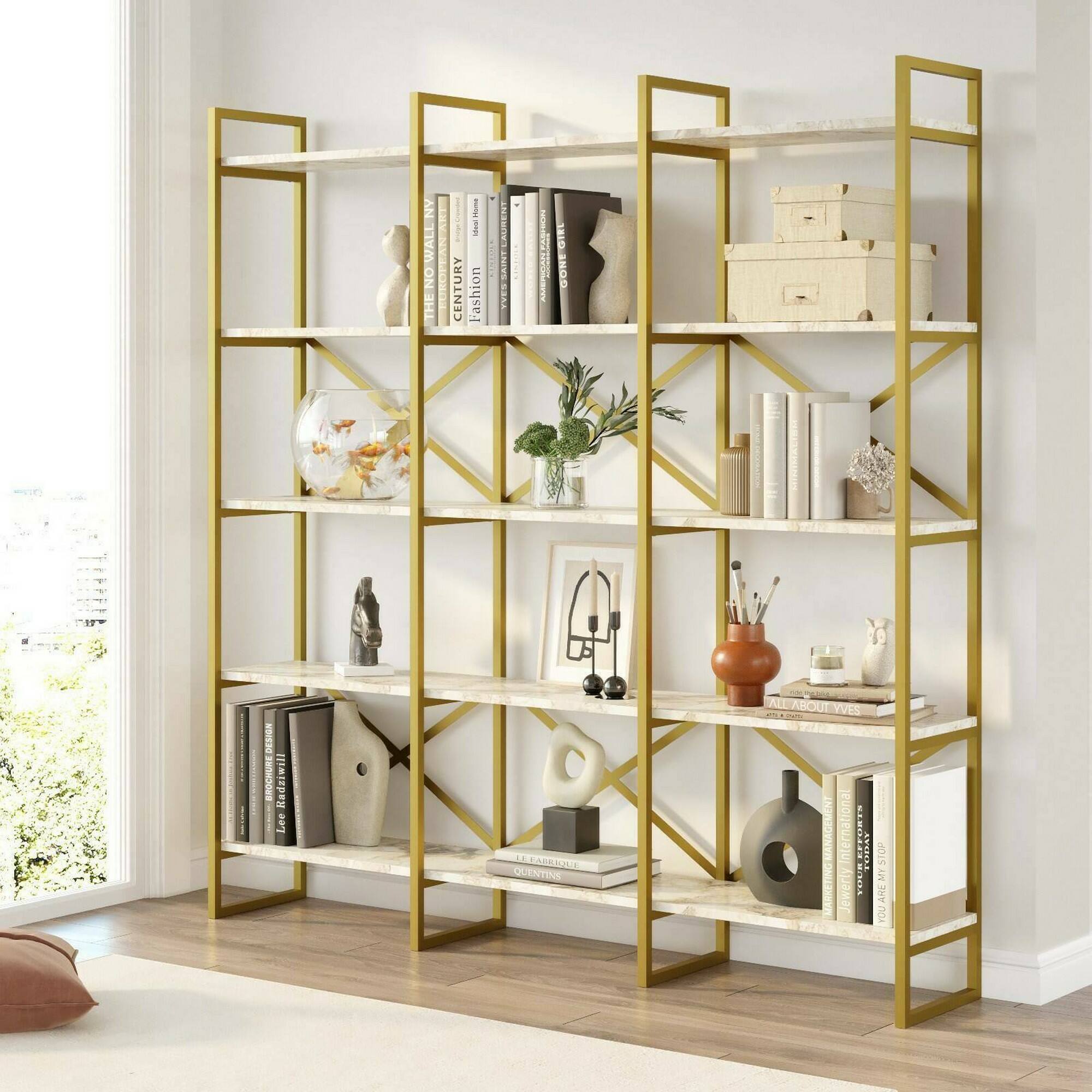 Libreria Gauro, Scaffale da ufficio, Mobile portalibri, Biblioteca, 170x30h175 cm, Bianco e Oro