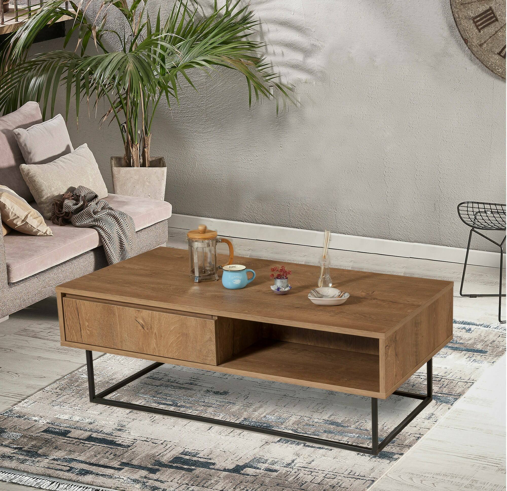 Tavolino da salotto Bard, Tavolo basso da caffè, Portariviste per divano, Ripiano da soggiorno, 120x60h43 cm, Noce e Nero