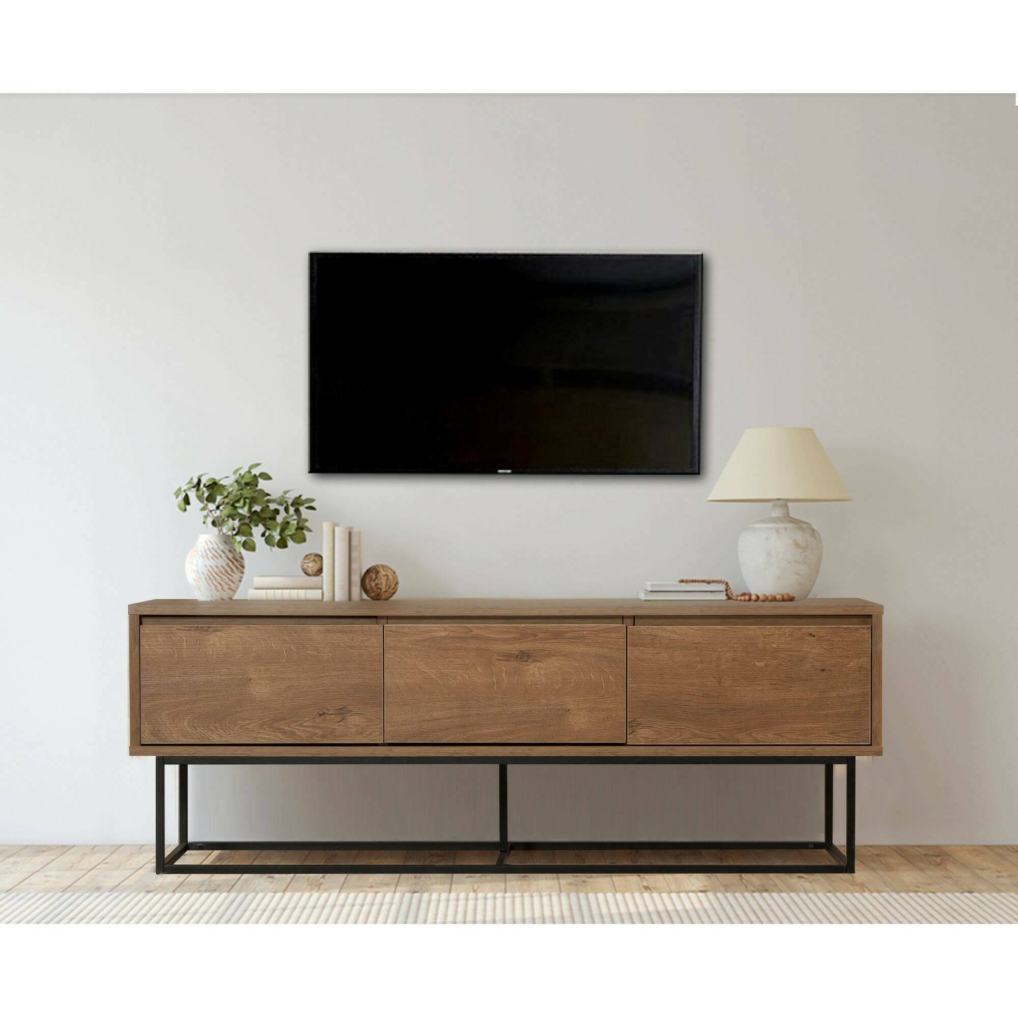 Mobile porta TV Iginia, Credenza da soggiorno, Armadio basso per TV, Base parete attrezzata, 140x40h50 cm, Noce e Nero