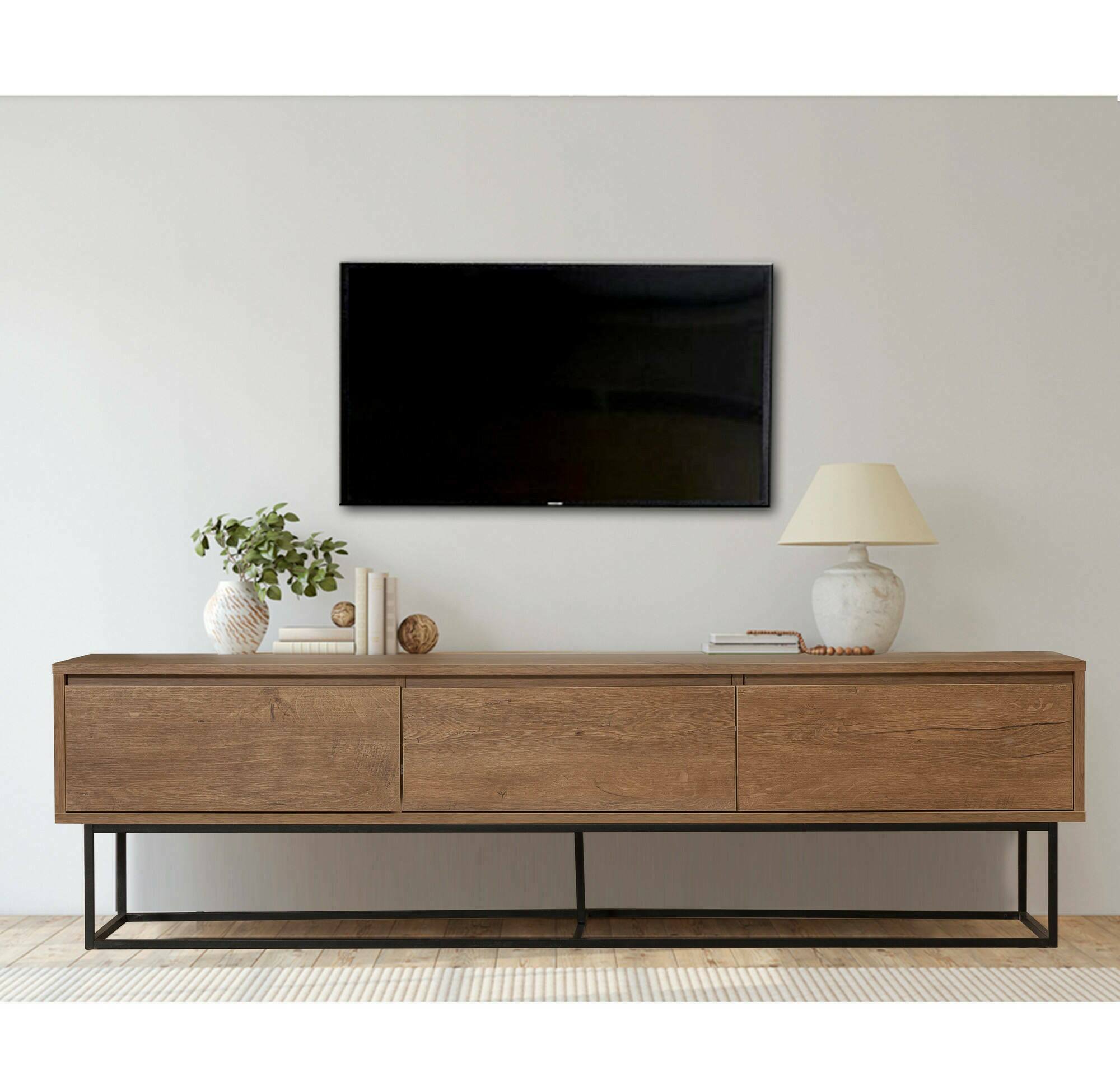Mobile porta TV Iginia, Credenza da soggiorno, Armadio basso per TV, Base parete attrezzata, 180x40h50 cm, Noce e Nero
