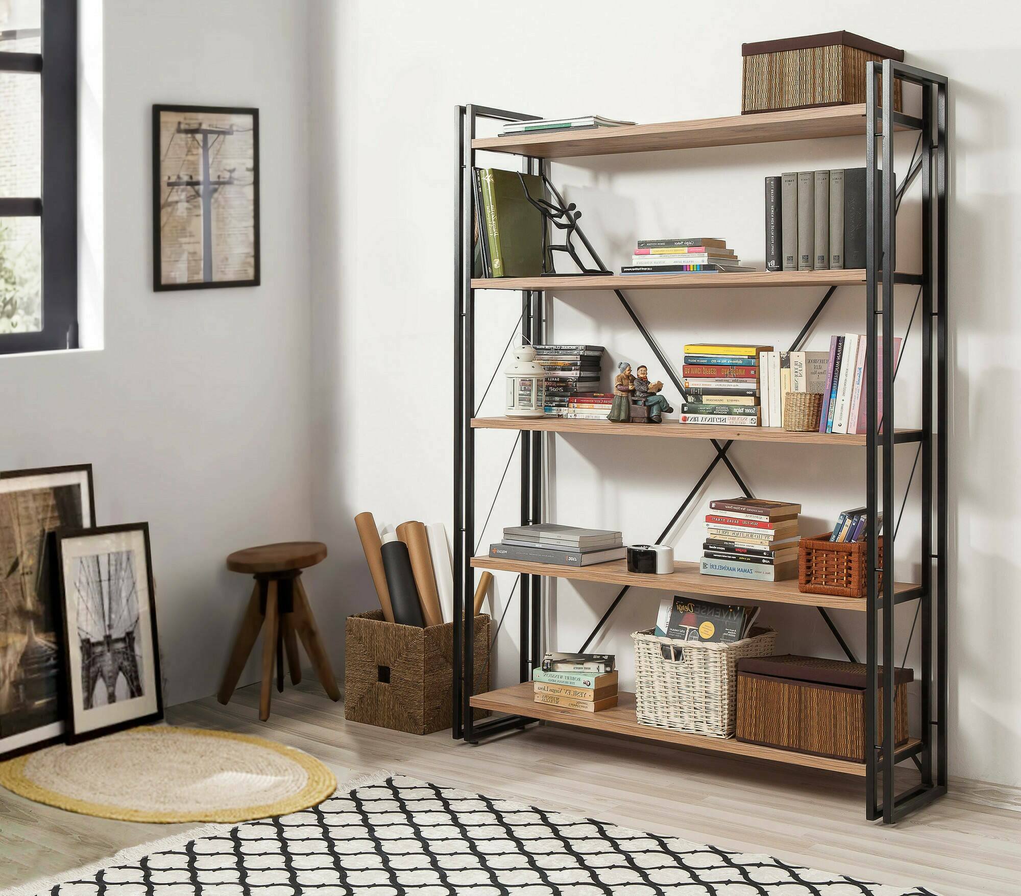 Libreria Demetria, Scaffale da ufficio, Mobile portalibri, Biblioteca, 130x35h180 cm, Quercia e Nero