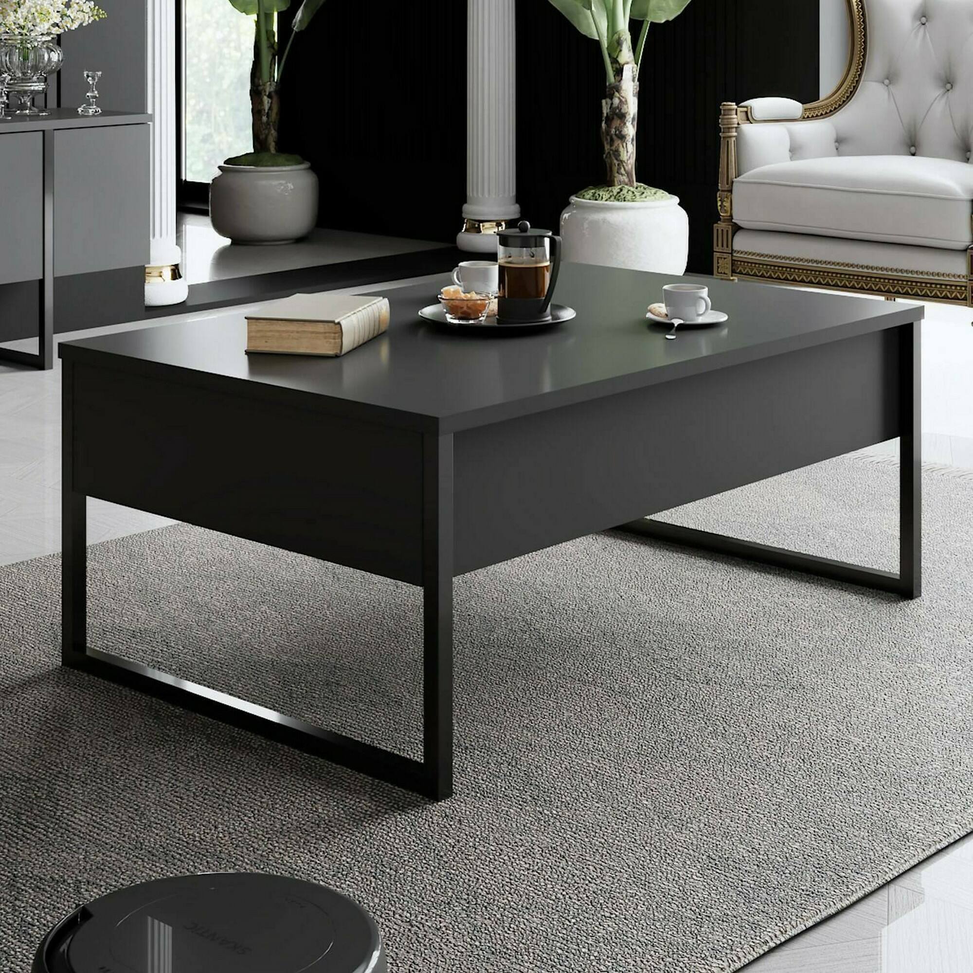 Tavolino da salotto Lavinia, Tavolo basso da caffè, Portariviste per divano, Ripiano da soggiorno, 90x60h40 cm, Antracite e Nero