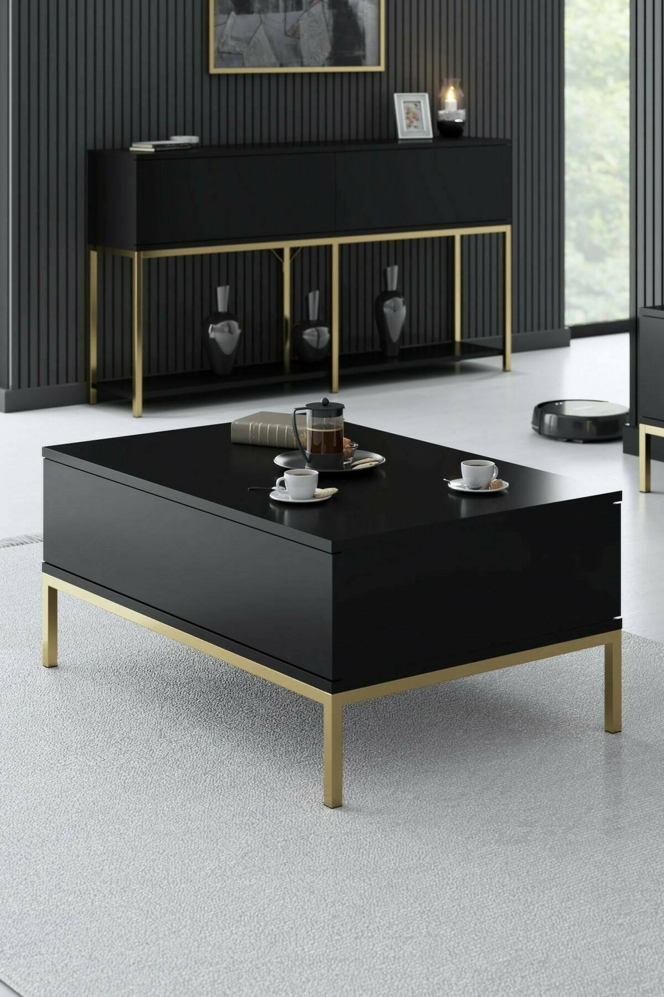 Tavolino da salotto Vespero, Tavolo basso da caffè, Portariviste per divano, Ripiano da soggiorno, 90x60h40 cm, Nero e Oro