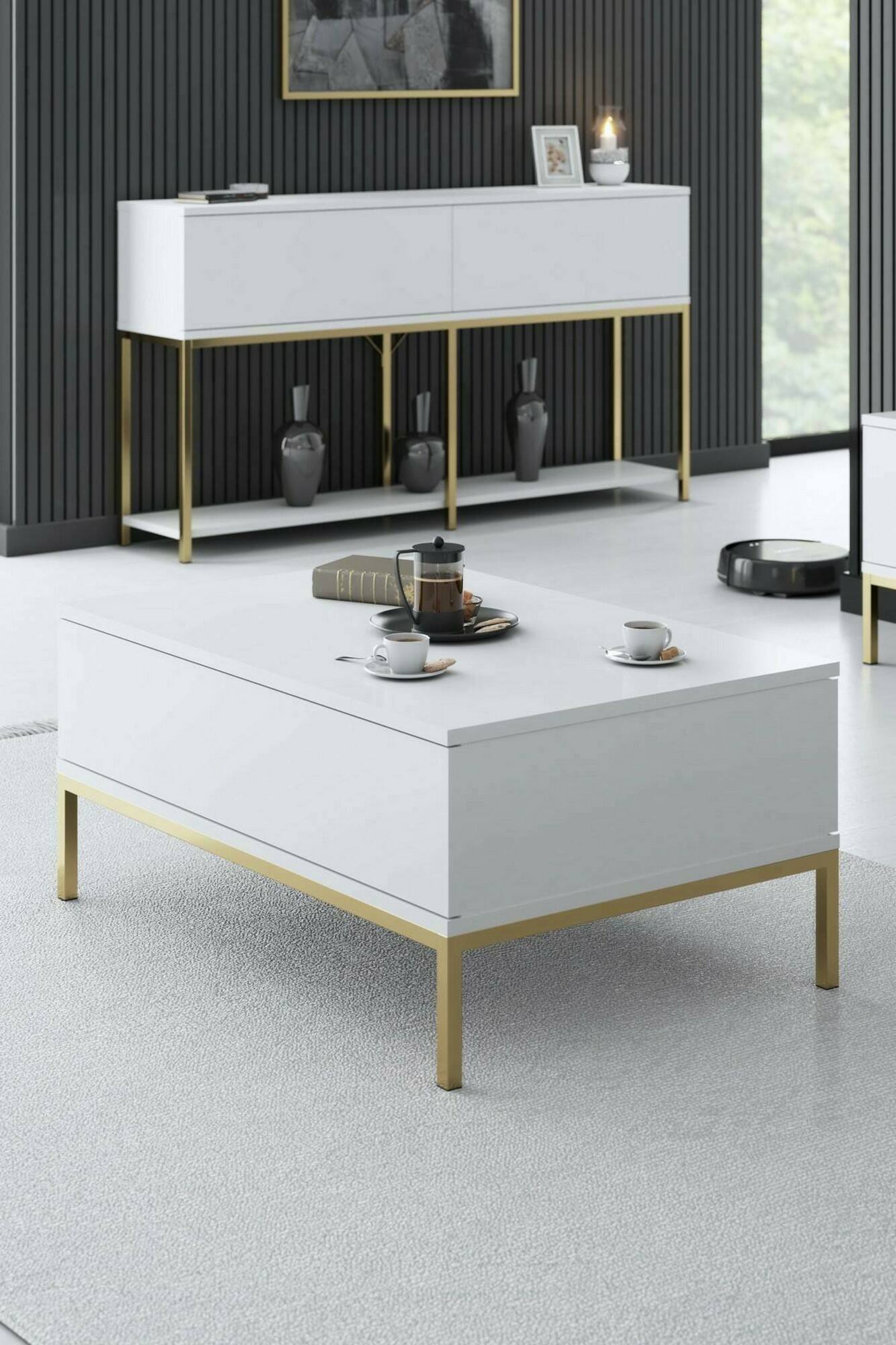 Image of Tavolino da salotto Vespero, Tavolo basso da caffè, Portariviste per divano, Ripiano da soggiorno, 90x60h40 cm, Bianco e Oro