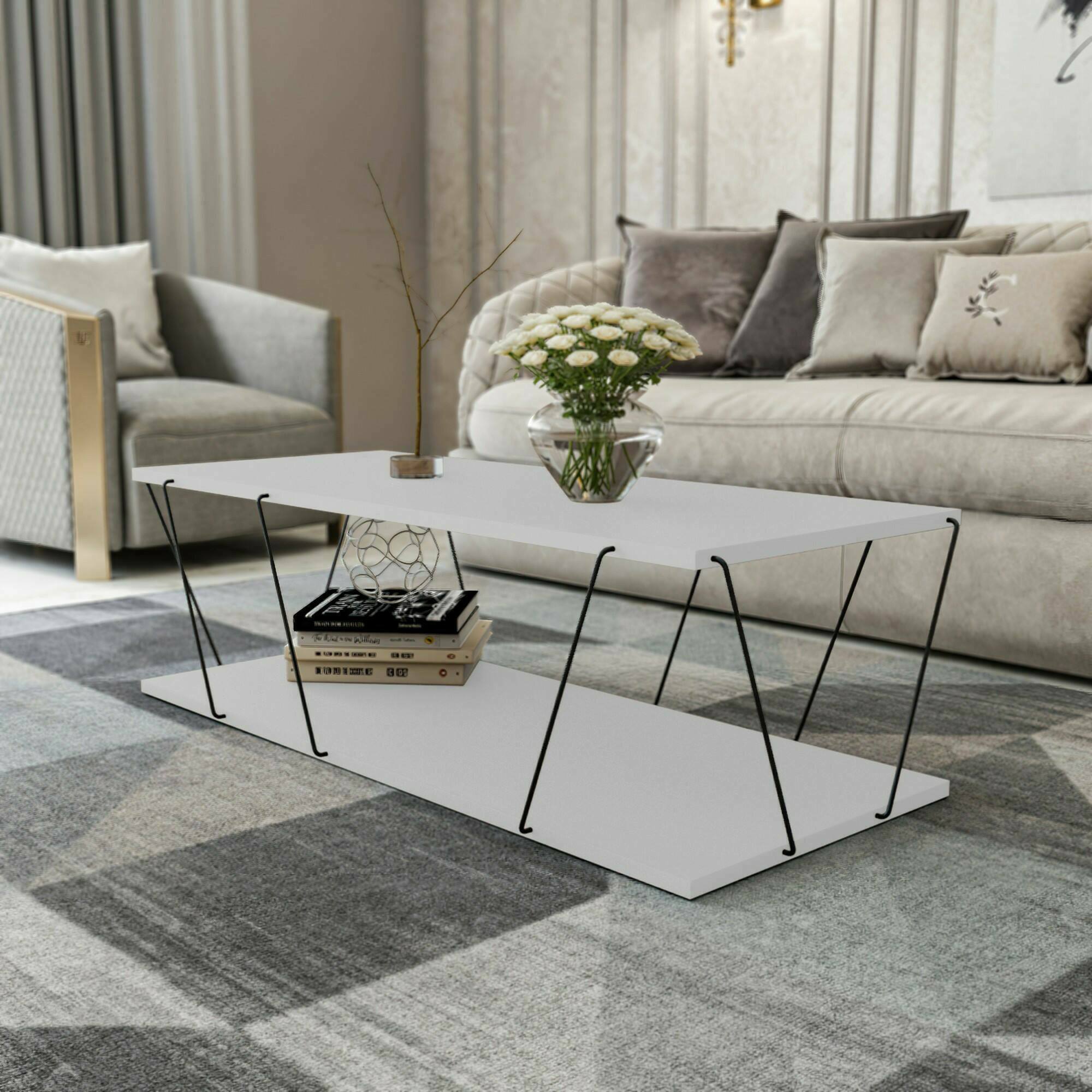 Tavolino da salotto Sarika, Tavolo basso da caffè, Portariviste per divano, Ripiano da soggiorno, 120x50h30 cm, Bianco e Nero