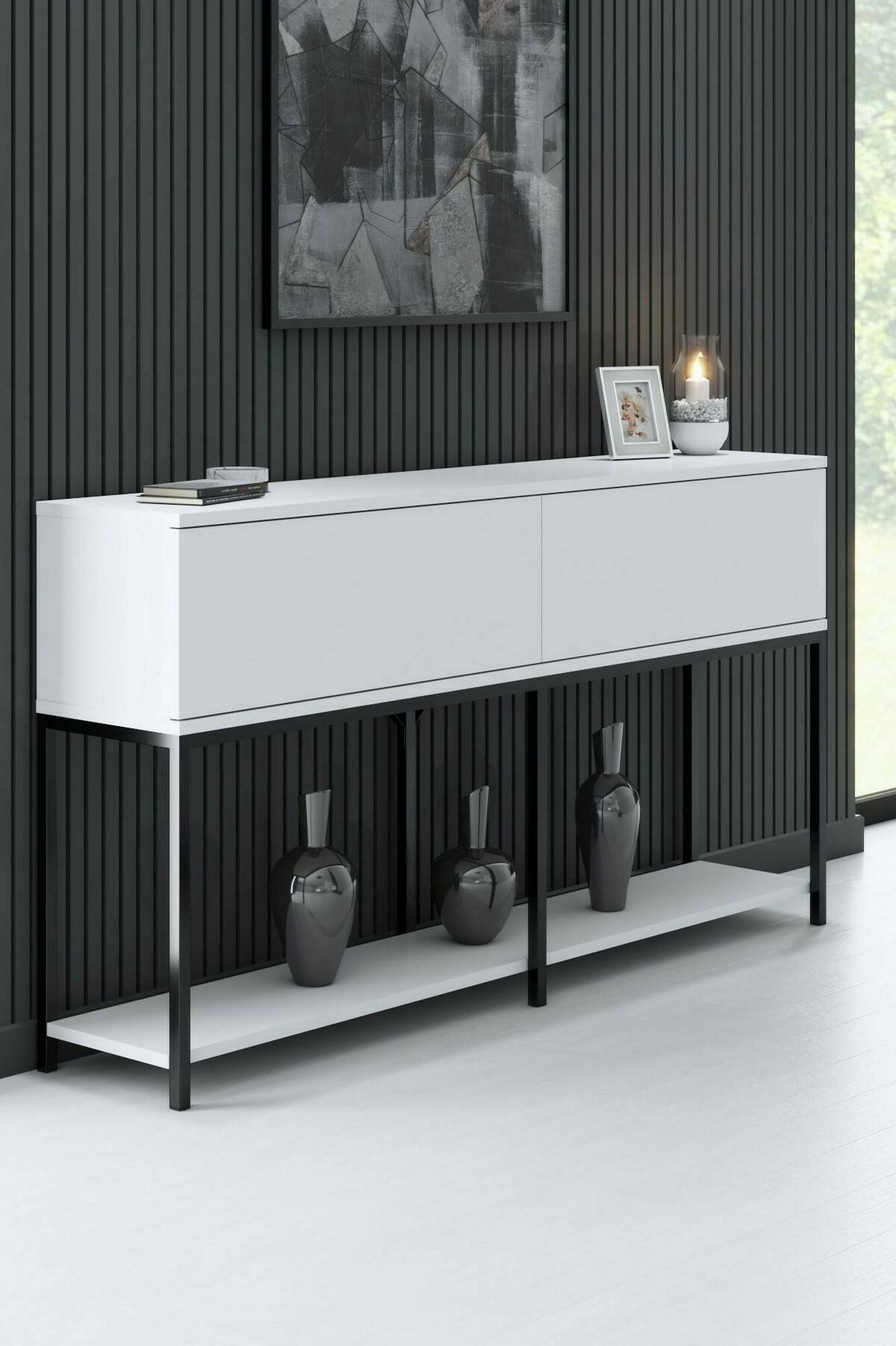Credenza Basilia, Buffet da soggiorno, Madia da salotto, Dispensa da cucina, 150x30h80 cm, Bianco e Nero