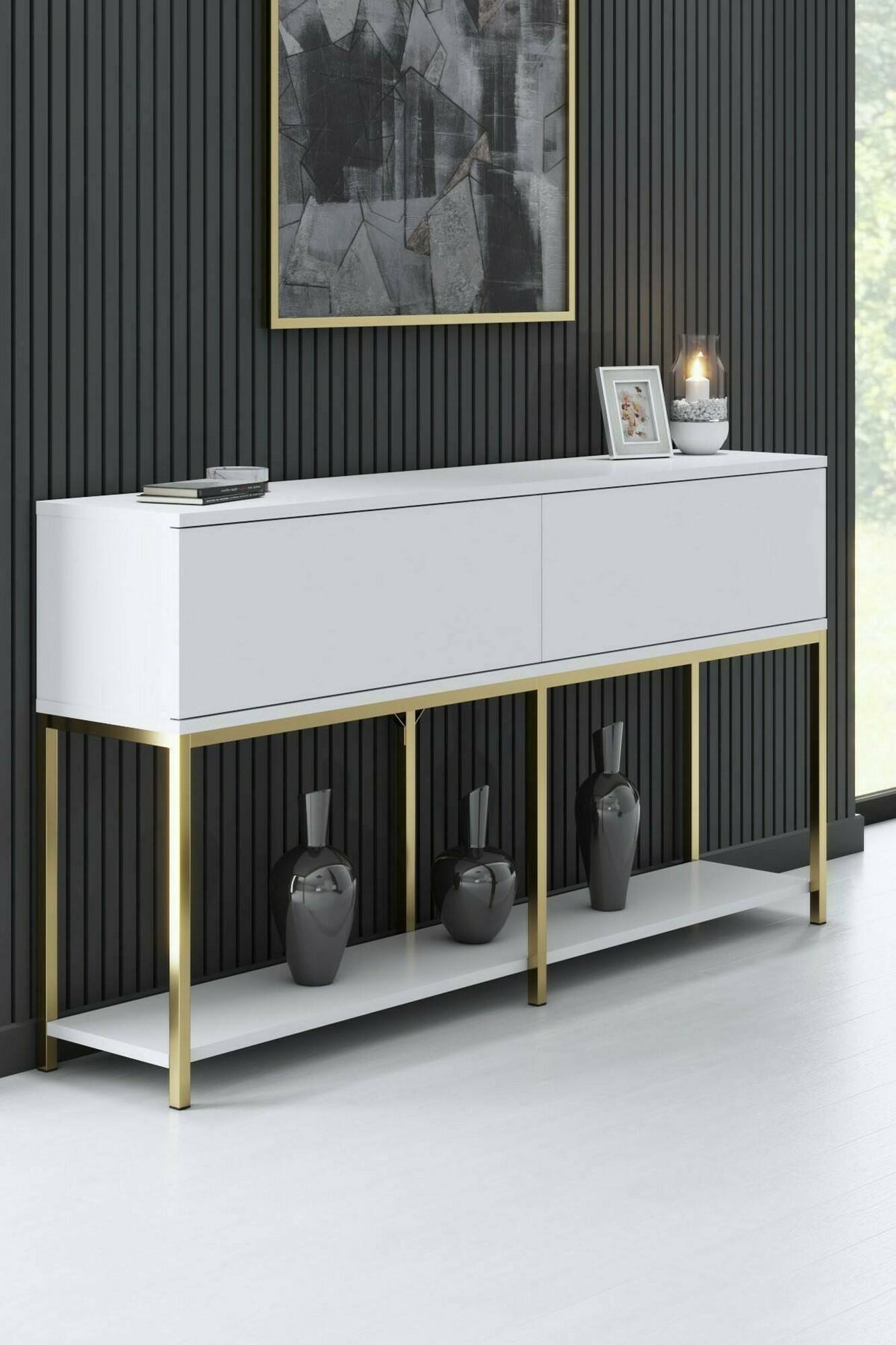 Credenza Basilia, Buffet da soggiorno, Madia da salotto, Dispensa da cucina, 150x30h80 cm, Bianco e Oro