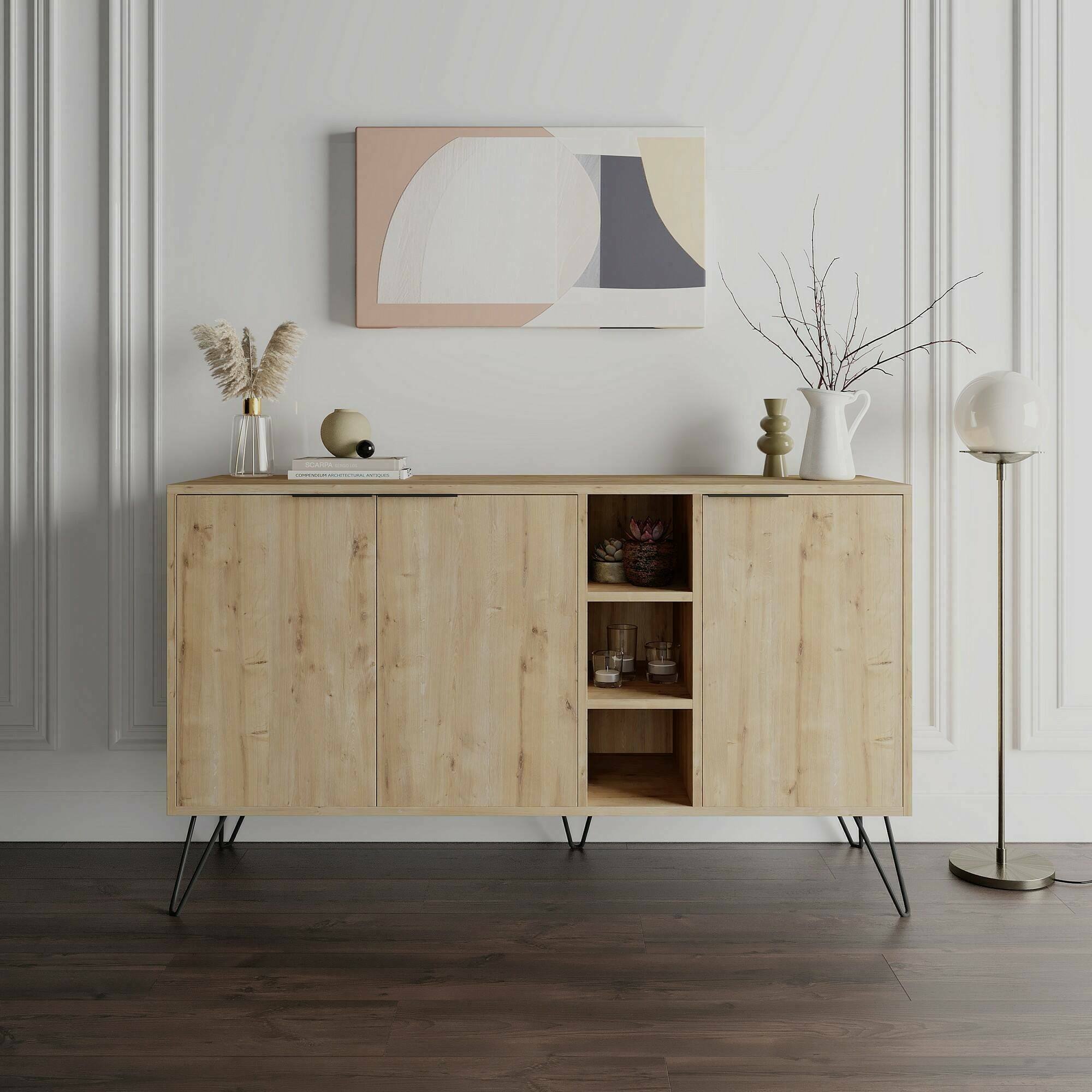 Credenza Alin, Buffet da soggiorno, Madia da salotto, Dispensa da cucina, 142x36h83 cm, Quercia