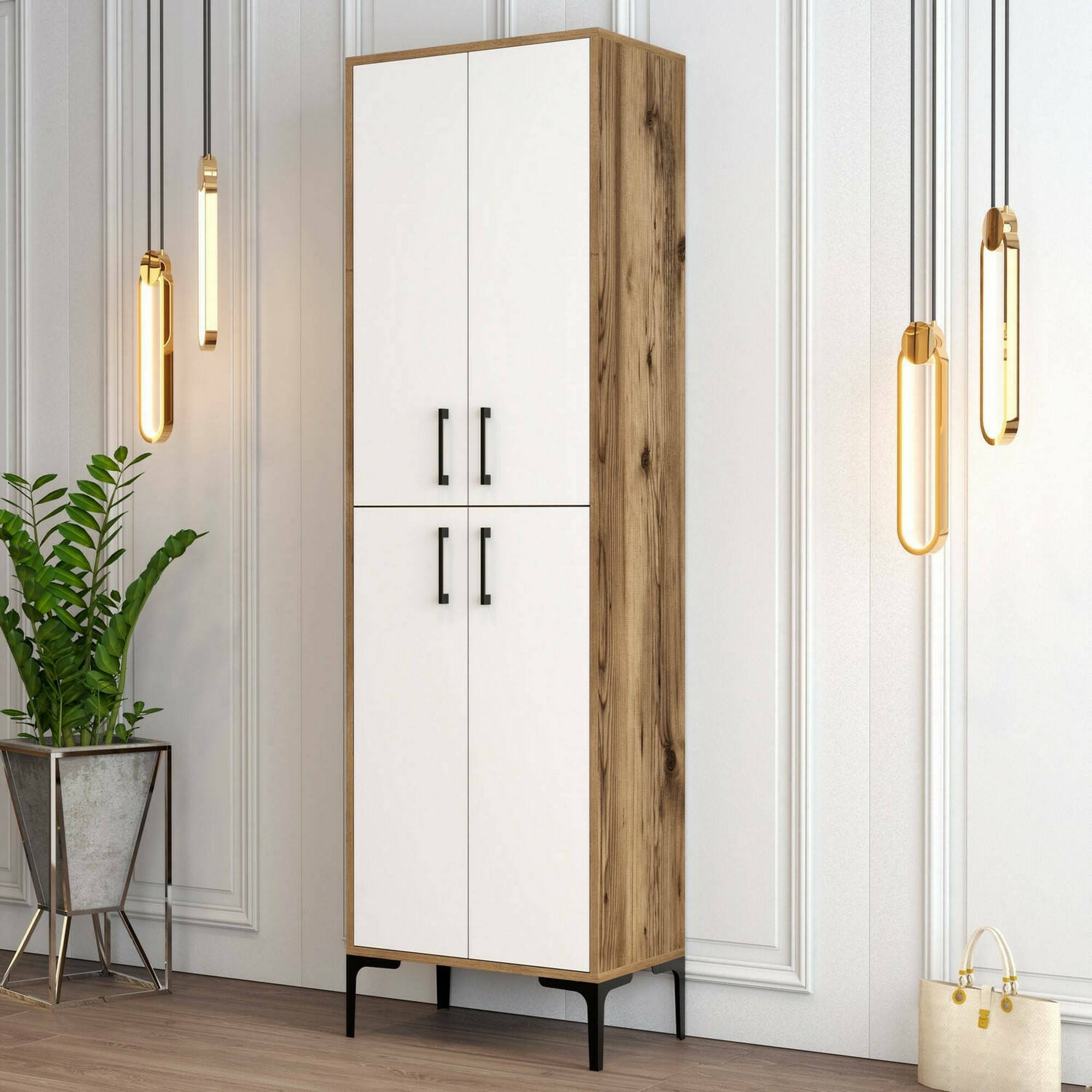 Scarpiera Sebastien, Mobile portascarpe, Armadio da ingresso multiuso, Mobiletto per calzature, 60x35h200 cm, Noce e Bianco