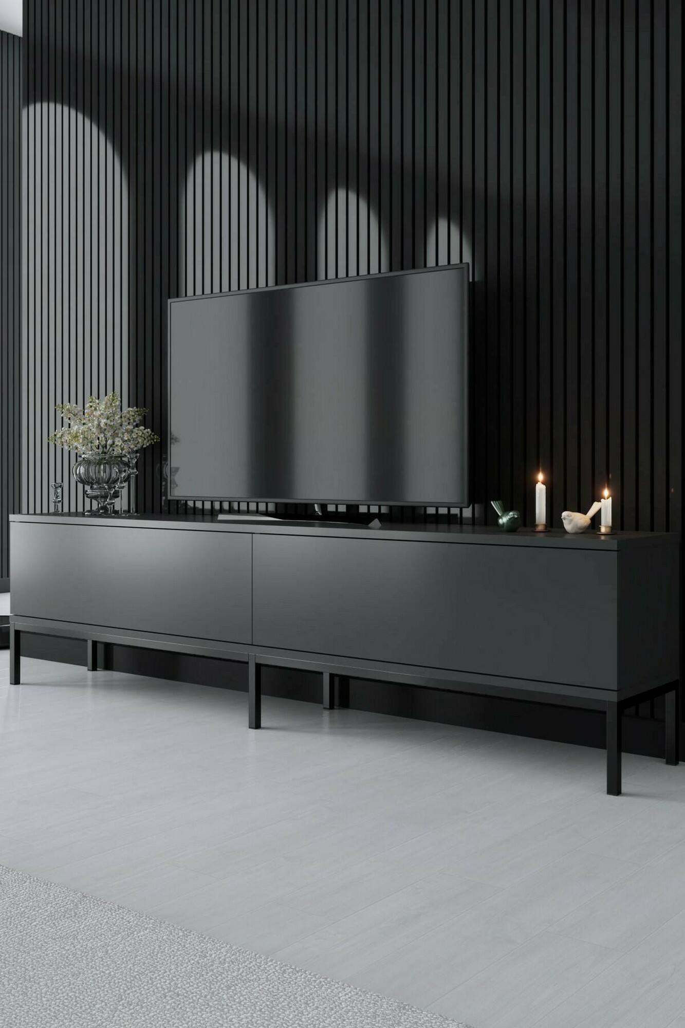 Mobile porta TV Espero, Credenza da soggiorno, Armadio basso per TV, Base parete attrezzata, 180x30h47 cm, Antracite e Nero