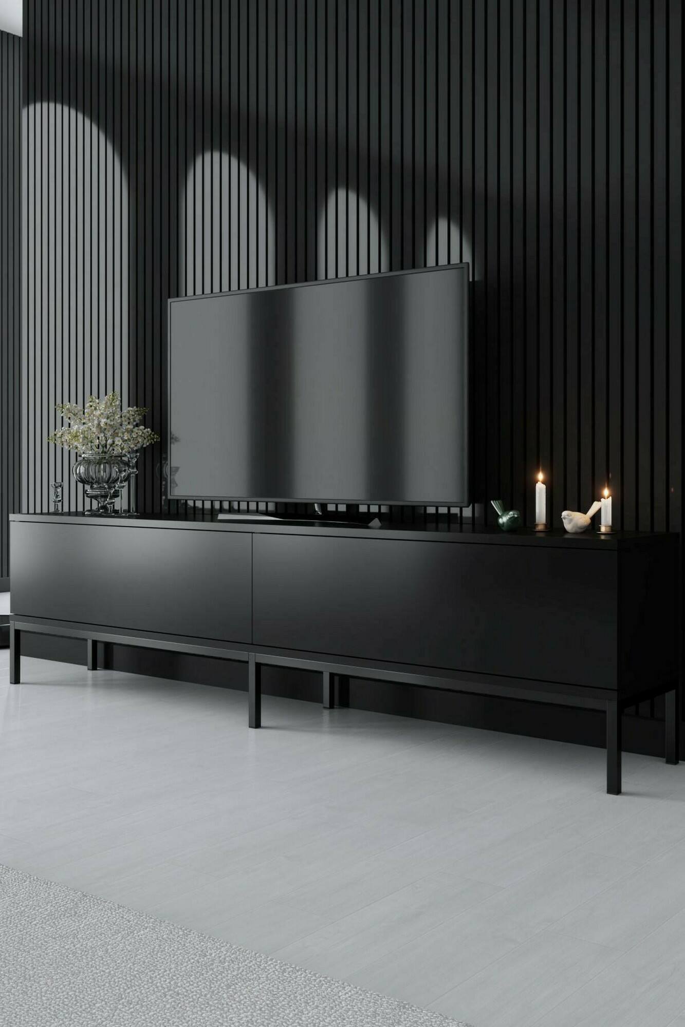 Mobile porta TV Espero, Credenza da soggiorno, Armadio basso per TV, Base parete attrezzata, 180x30h47 cm, Nero