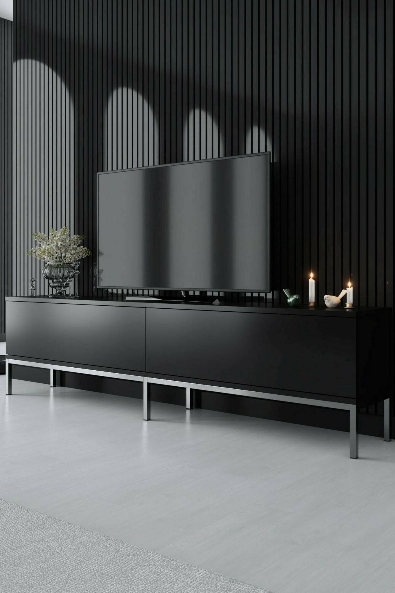 Mobile porta TV Espero, Credenza da soggiorno, Armadio basso per TV, Base parete attrezzata, 180x30h47 cm, Nero e Argento