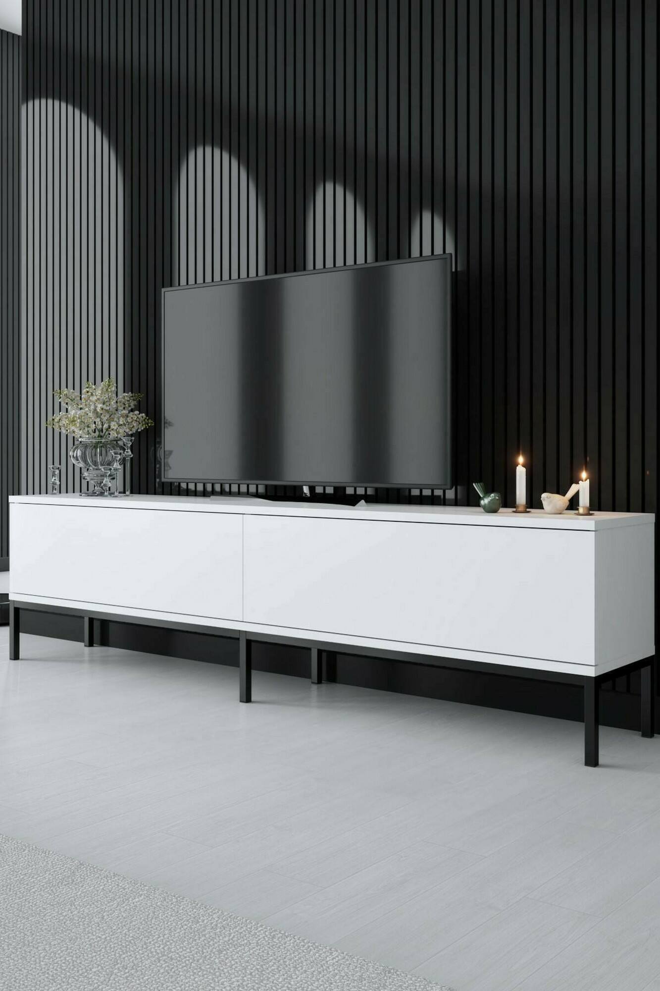 Mobile porta TV Espero, Credenza da soggiorno, Armadio basso per TV, Base parete attrezzata, 180x30h47 cm, Bianco e Nero