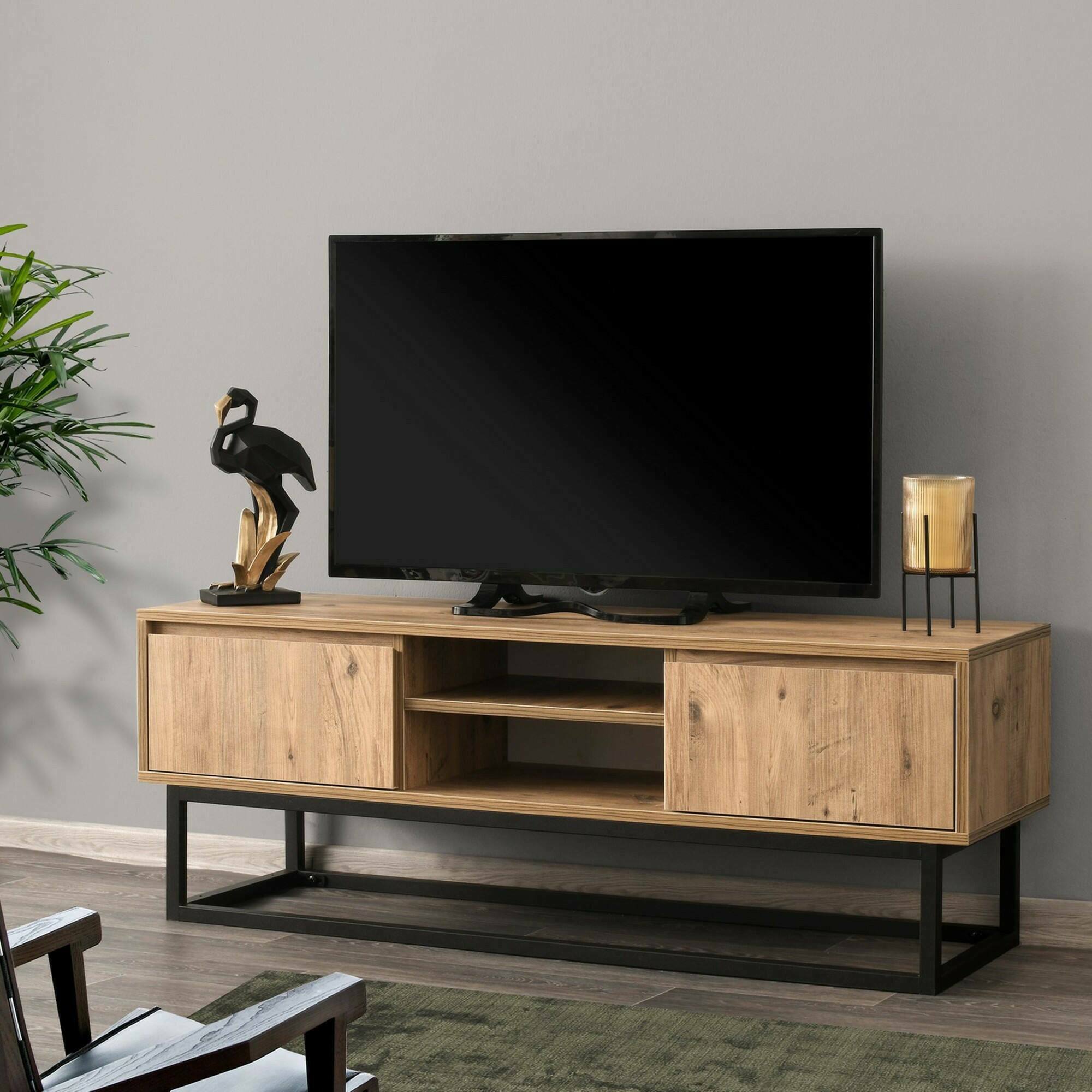 Mobile porta TV Kira, Credenza da soggiorno, Armadio basso per TV, Base parete attrezzata, 140x40h50 cm, Nero e Quercia