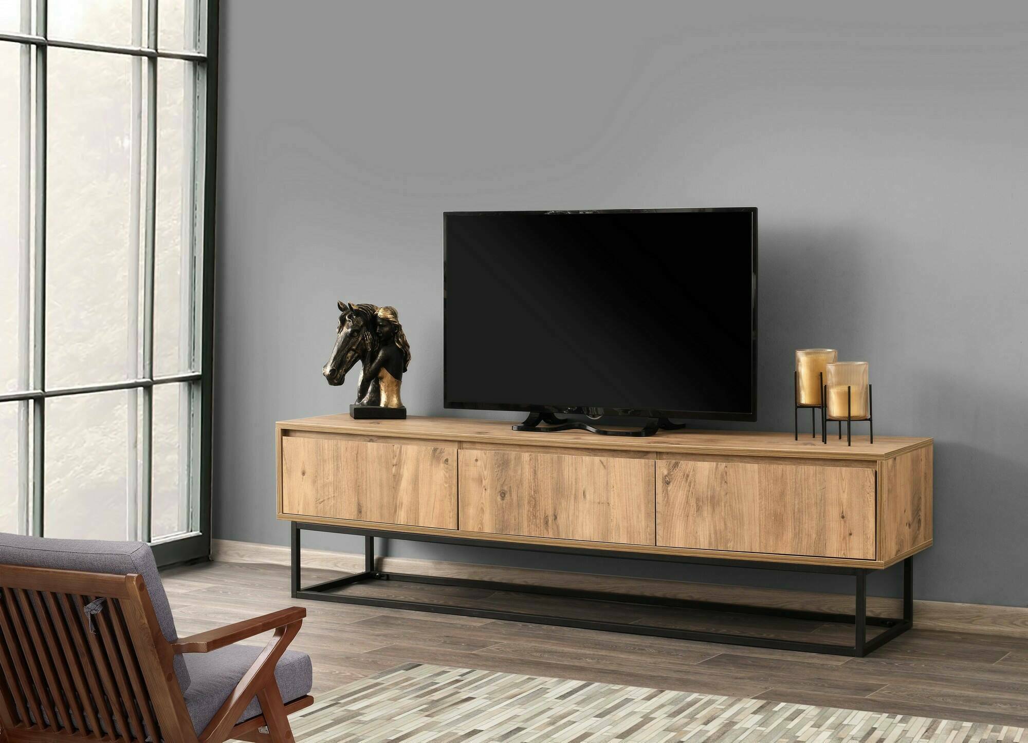 Mobile porta TV Ignazia, Credenza da soggiorno, Armadio basso per TV, Base parete attrezzata, 180x40h50 cm, Quercia e Nero