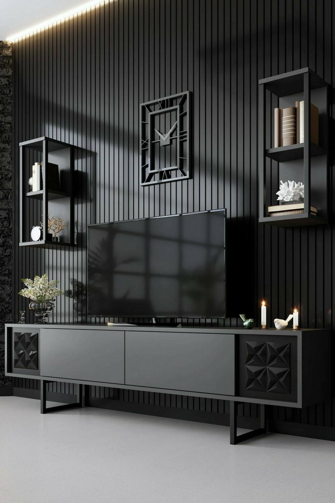 Mobile porta TV Axa, Credenza da soggiorno, Armadio basso per TV, Base parete attrezzata, 180x30h48 cm, Antracite e Nero