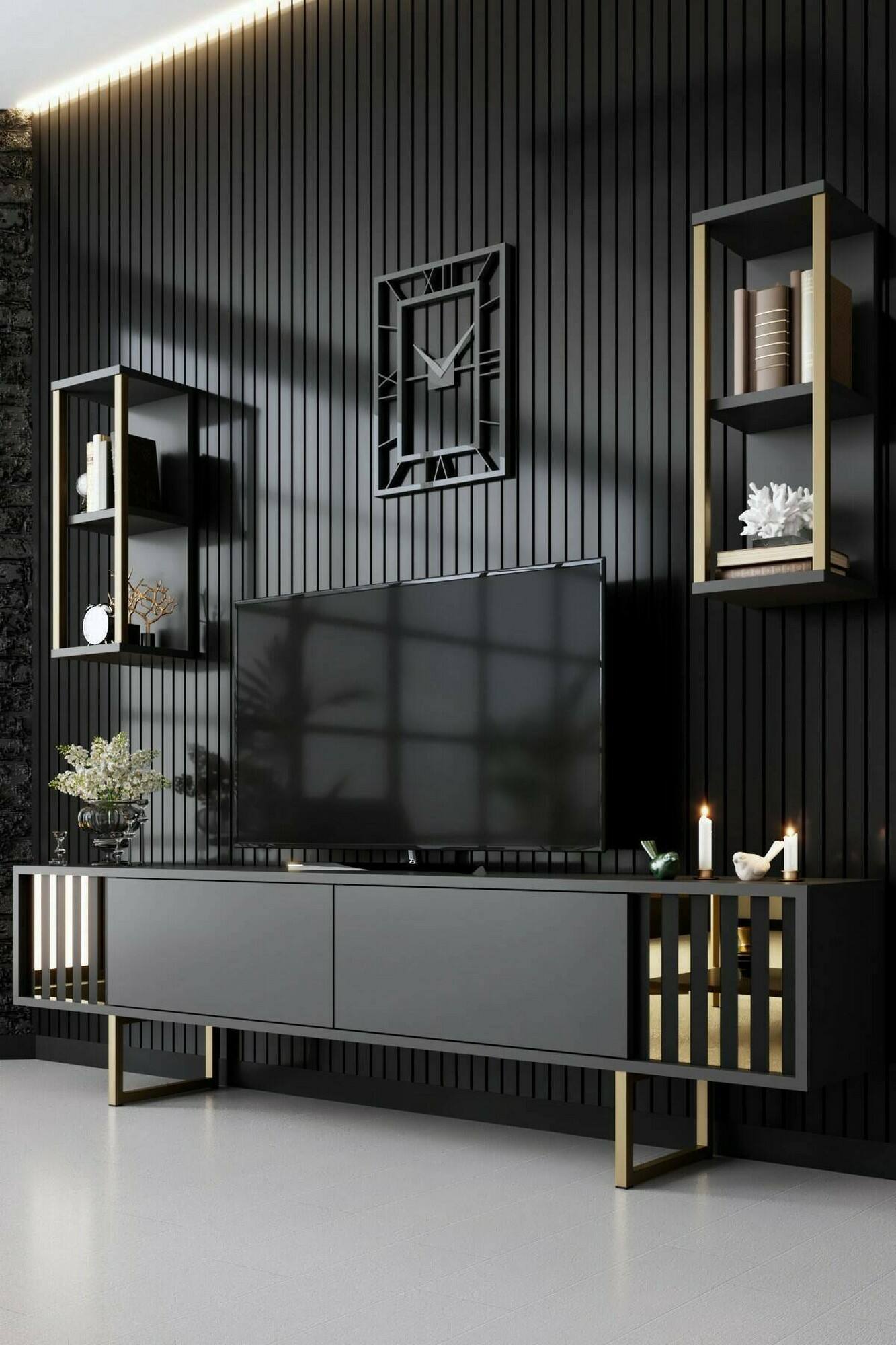 Mobile porta TV Artinay, Credenza da soggiorno, Armadio basso per TV, Base parete attrezzata, 180x30h48 cm, Antracite e Oro