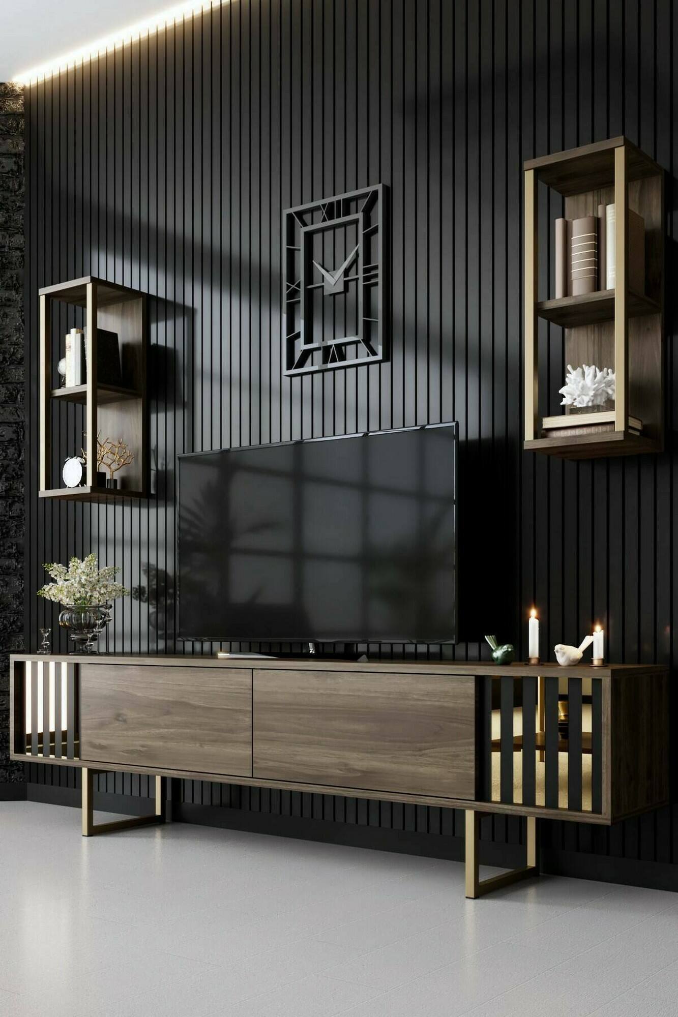 Mobile porta TV Artinay, Credenza da soggiorno, Armadio basso per TV, Base parete attrezzata, 180x30h48 cm, Noce e Nero