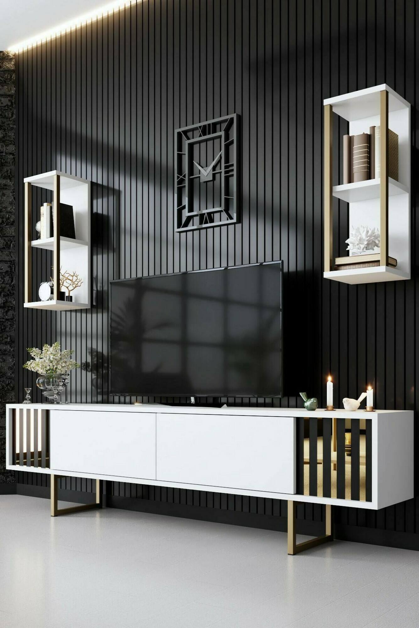 Mobile porta TV Artinay, Credenza da soggiorno, Armadio basso per TV, Base parete attrezzata, 180x30h48 cm, Bianco e Oro
