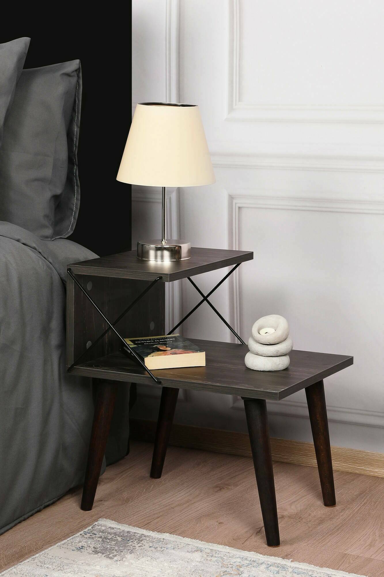 Comodino Newton, Comò basso, Tavolino da notte, Mensola da letto, 50x40h55 cm, Grigio Cenere