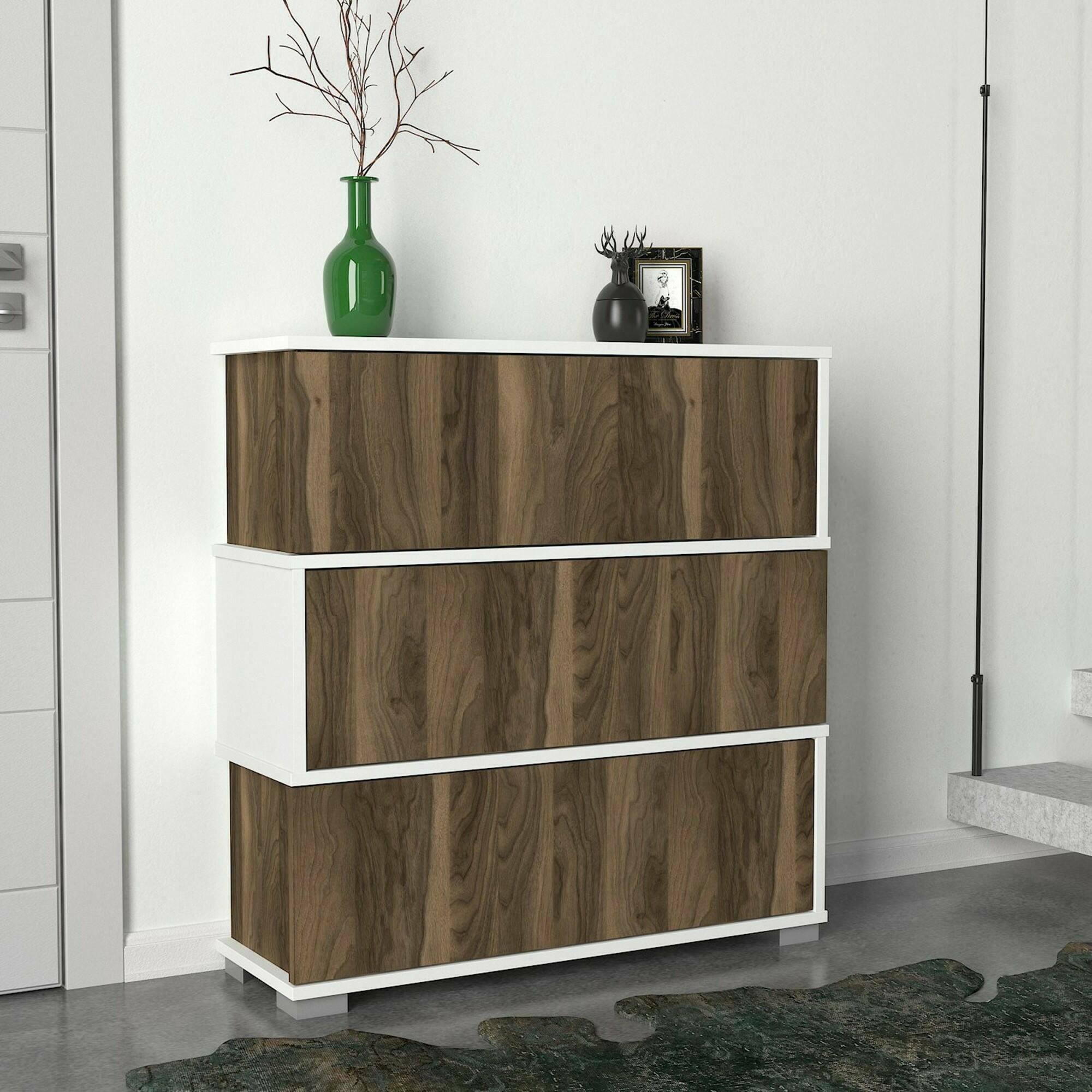 Scarpiera Astrubale, Mobile portascarpe, Armadio da ingresso multiuso, Mobiletto per calzature, 90x30h93 cm, Bianco e Noce