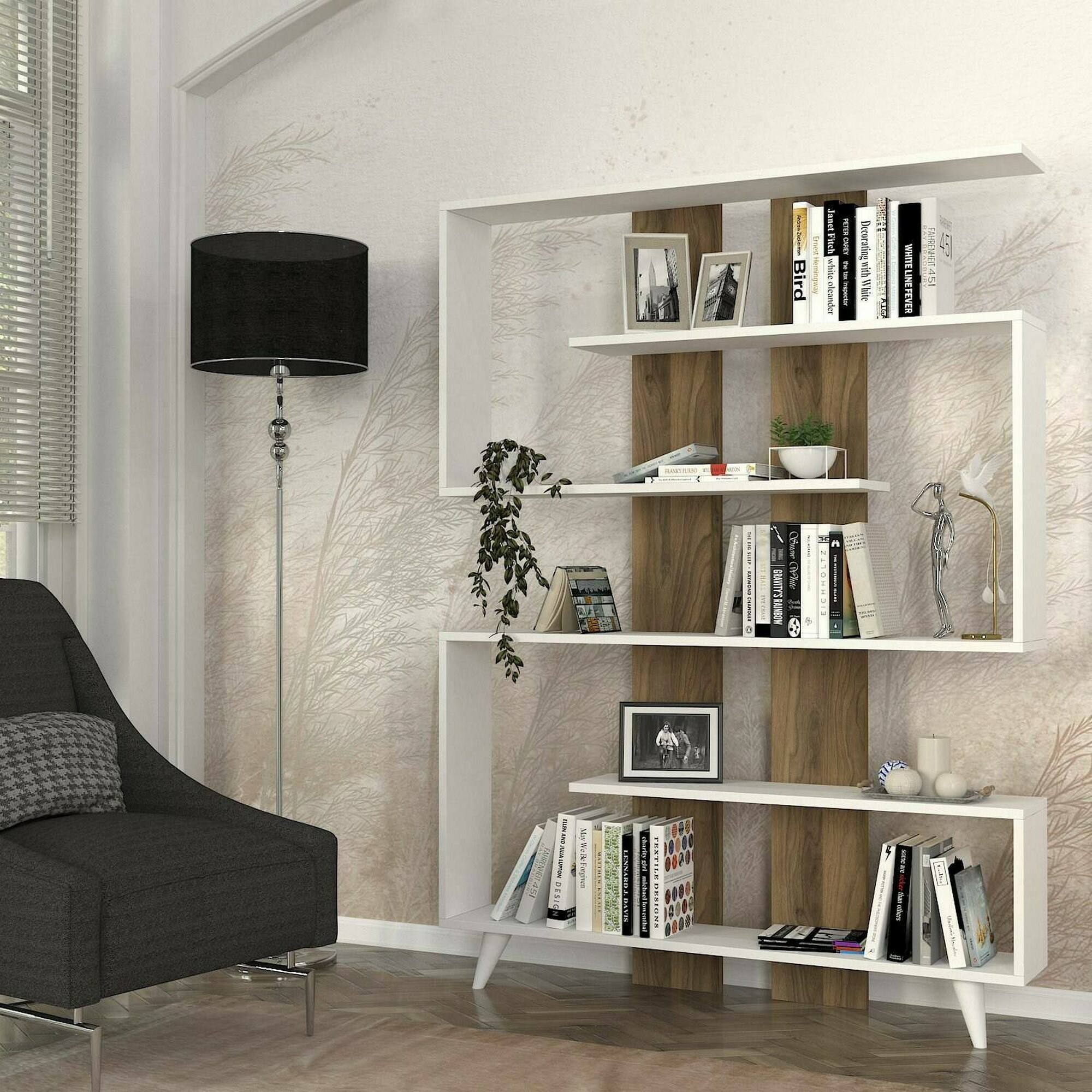 Libreria Spodumene, Scaffale da ufficio, Mobile portalibri, Biblioteca, 120x20h162 cm, Bianco e Noce