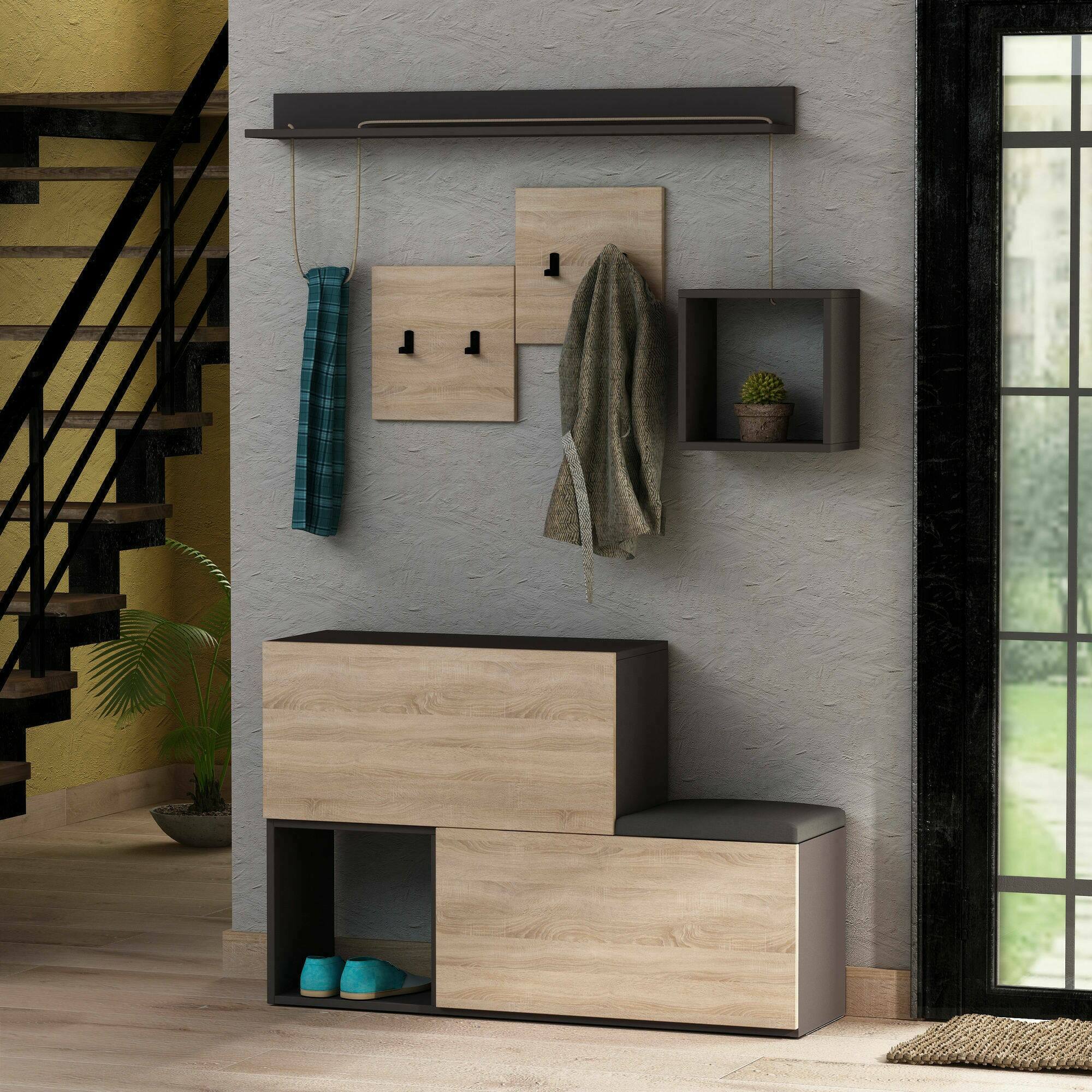 Mobile da ingresso Libeccio, Entratina appendiabiti, Composizione per atrio, Consolle portaoggetti multifunzione, 120x17h76 cm, Antracite e Rovere