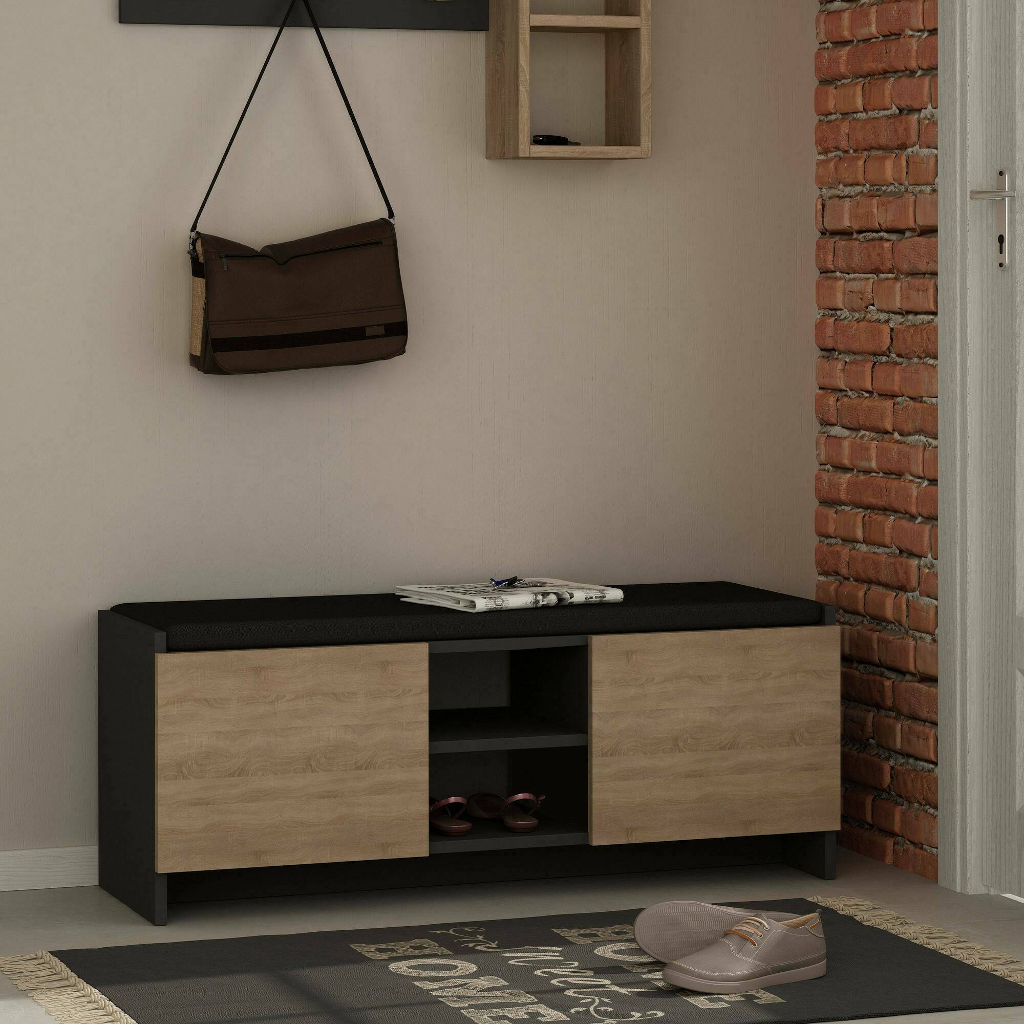 Scarpiera Axar, Mobile portascarpe, Armadio da ingresso multiuso, Mobiletto per calzature, 110x37h43 cm, Antracite e Rovere