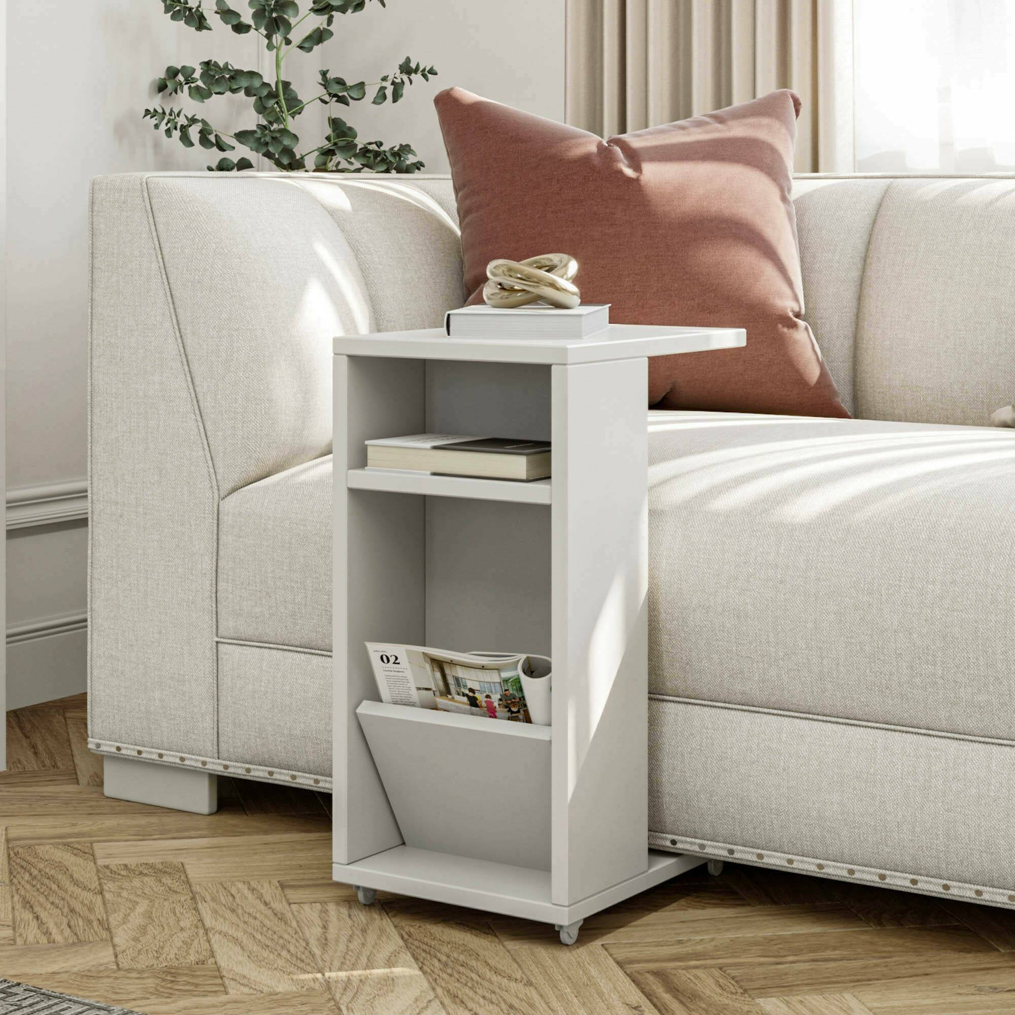 Tavolino da salotto Blas, Tavolo basso da caffè, Portariviste per divano, Ripiano da soggiorno, 30x40h63 cm, Bianco