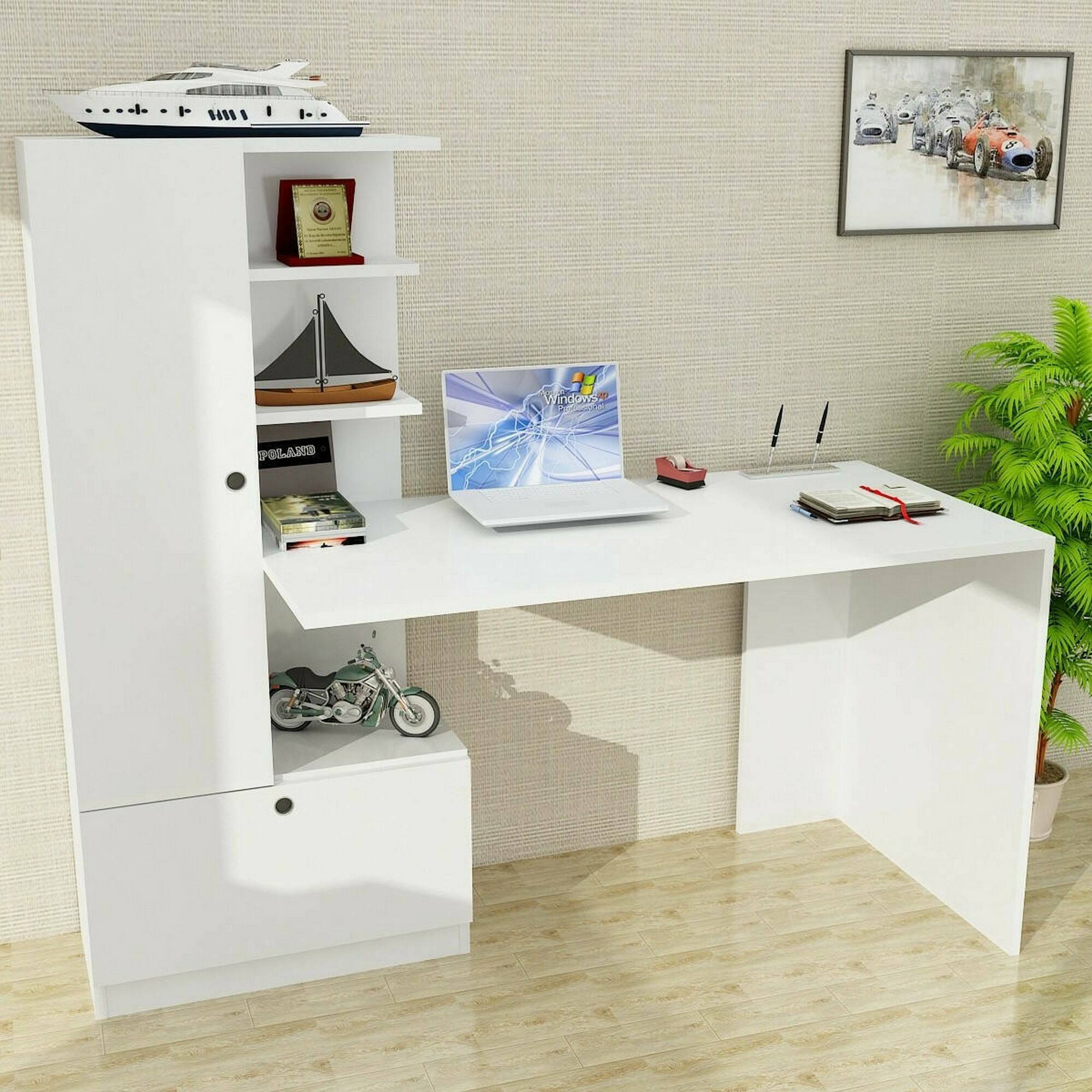Scrivania Marilena, Scrittoio multiuso, Tavolo per ufficio porta PC, Piano di lavoro, 150x62h140 cm, Bianco