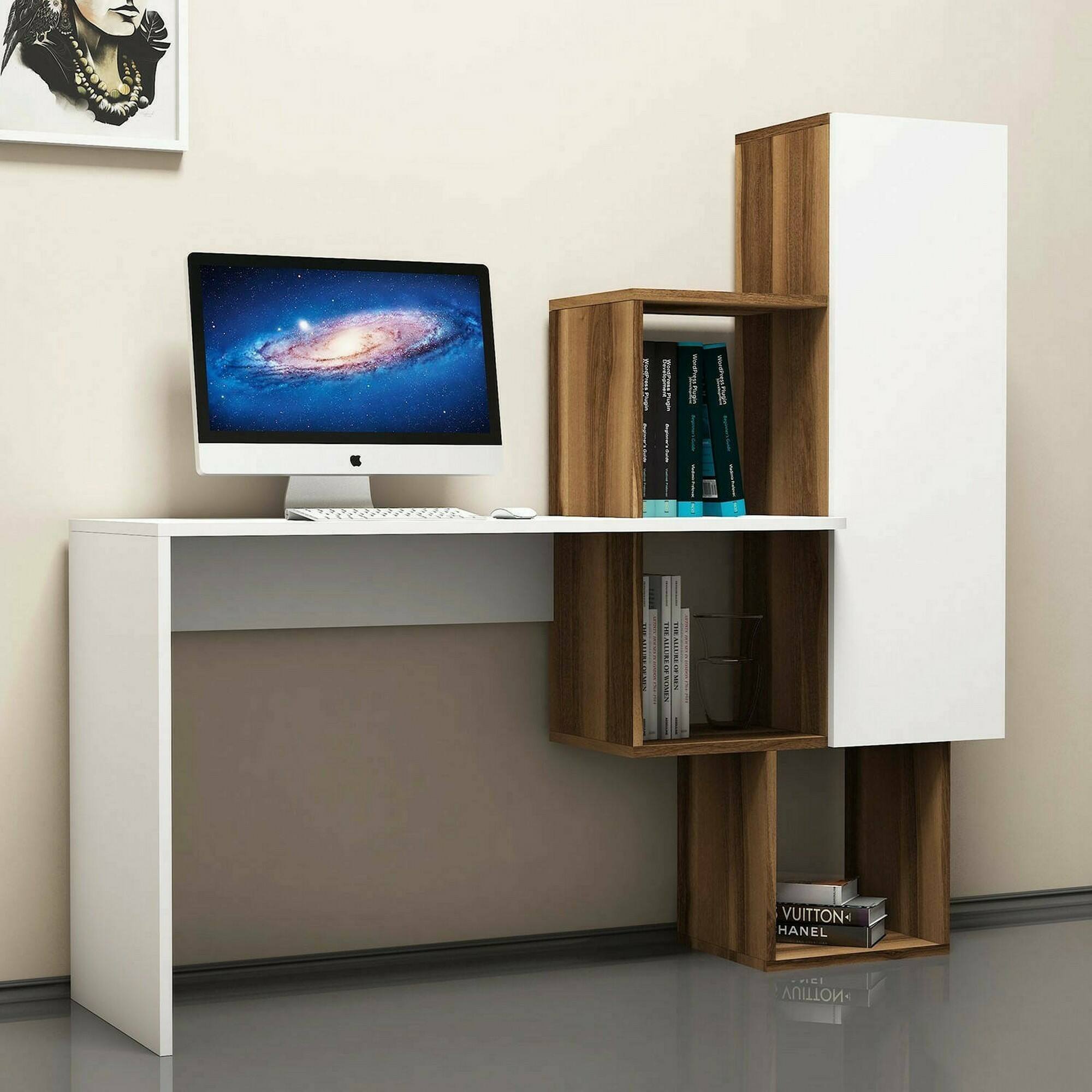 Scrivania Baselice, Scrittoio multiuso, Tavolo per ufficio porta PC, Piano di lavoro, 145x45h75 cm, Noce e Bianco