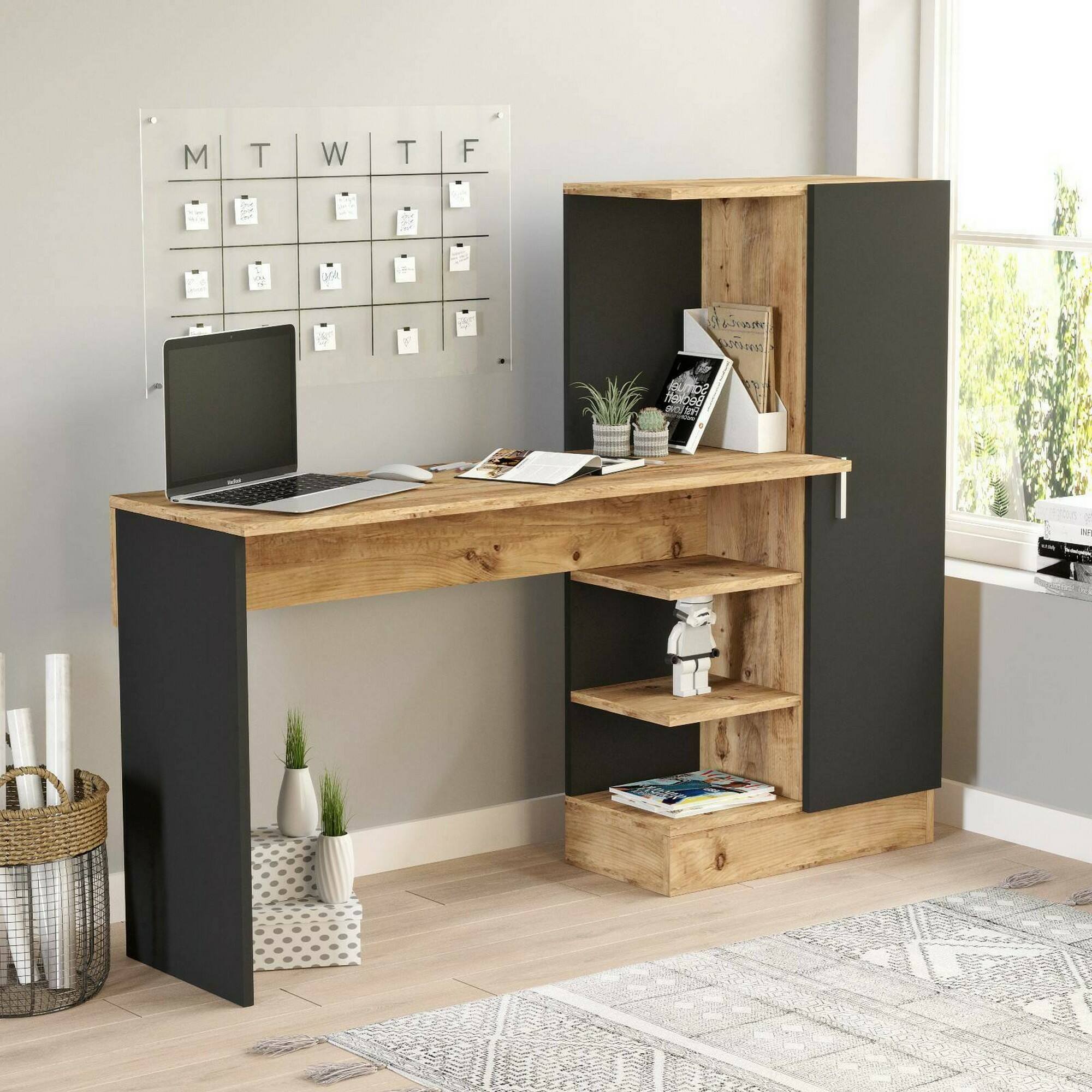 Scrivania Angaga, Scrittoio multiuso, Tavolo per ufficio porta PC, Piano di lavoro, 152x40h120 cm, Quercia e Nero