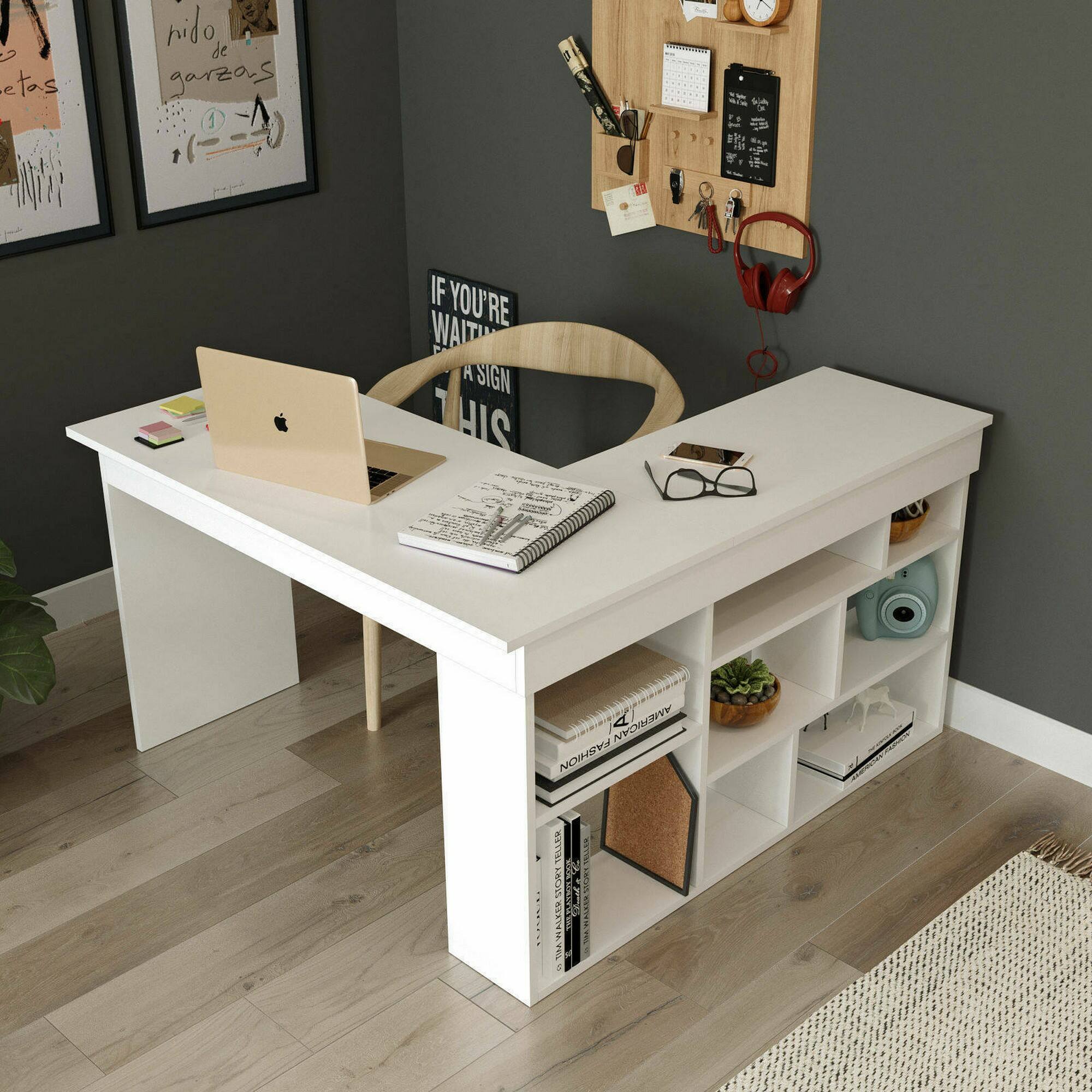 Scrivania Altin, Scrittoio multiuso, Tavolo per ufficio porta PC, Piano di lavoro, 129x120h72 cm, Bianco