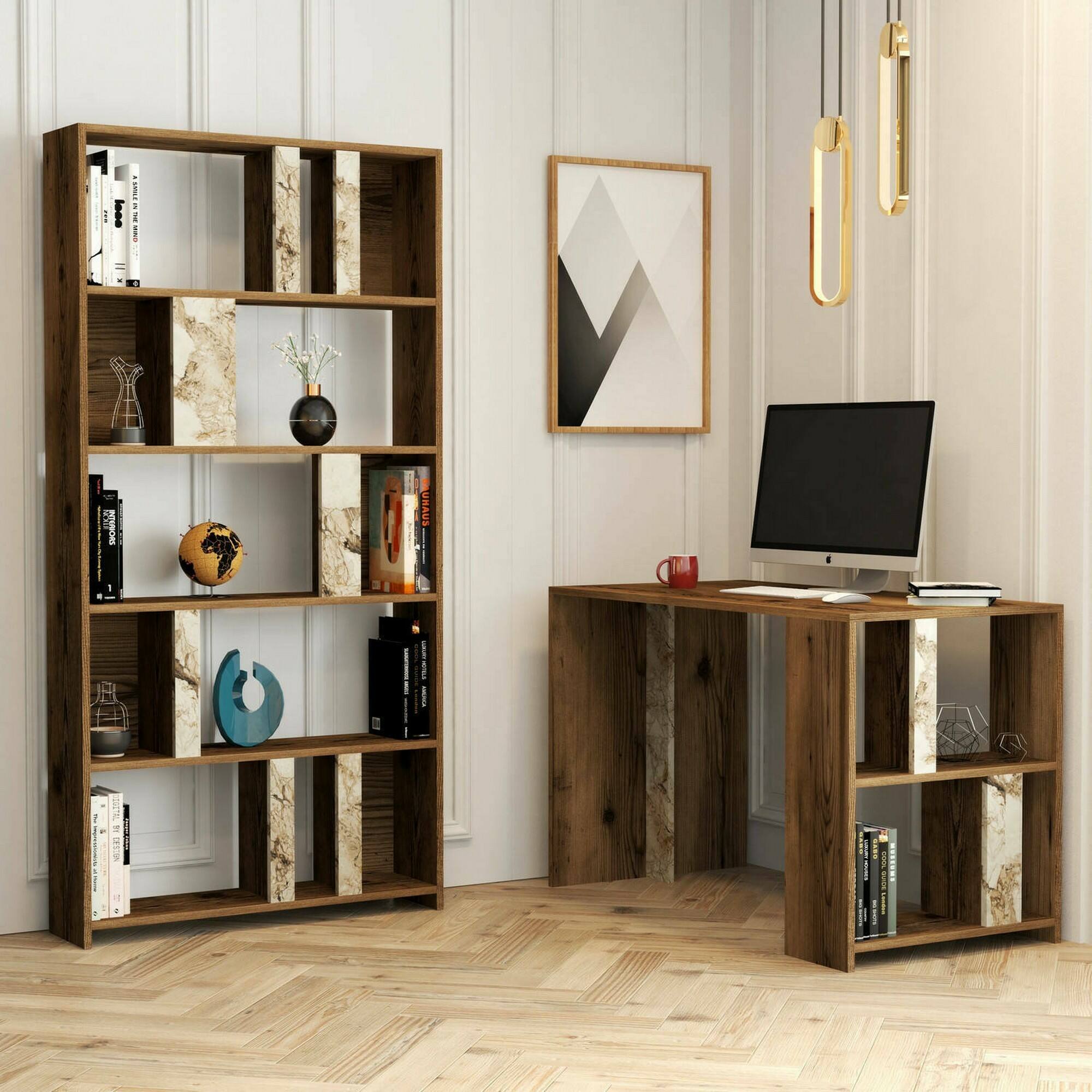Scrivania Atene, Scrittoio multiuso, Tavolo per ufficio porta PC con libreria, 120x60h75 cm, Noce e Bianco Marmo