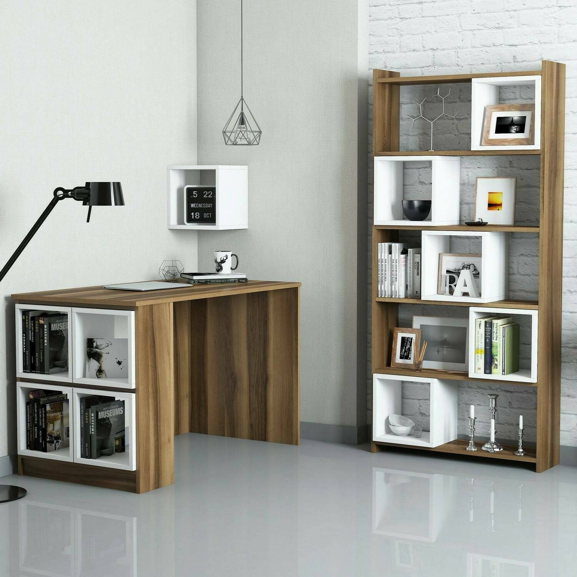Scrivania Hongyu, Scrittoio multiuso, Tavolo per ufficio porta PC con libreria, 120x65h75 cm, Noce e Bianco