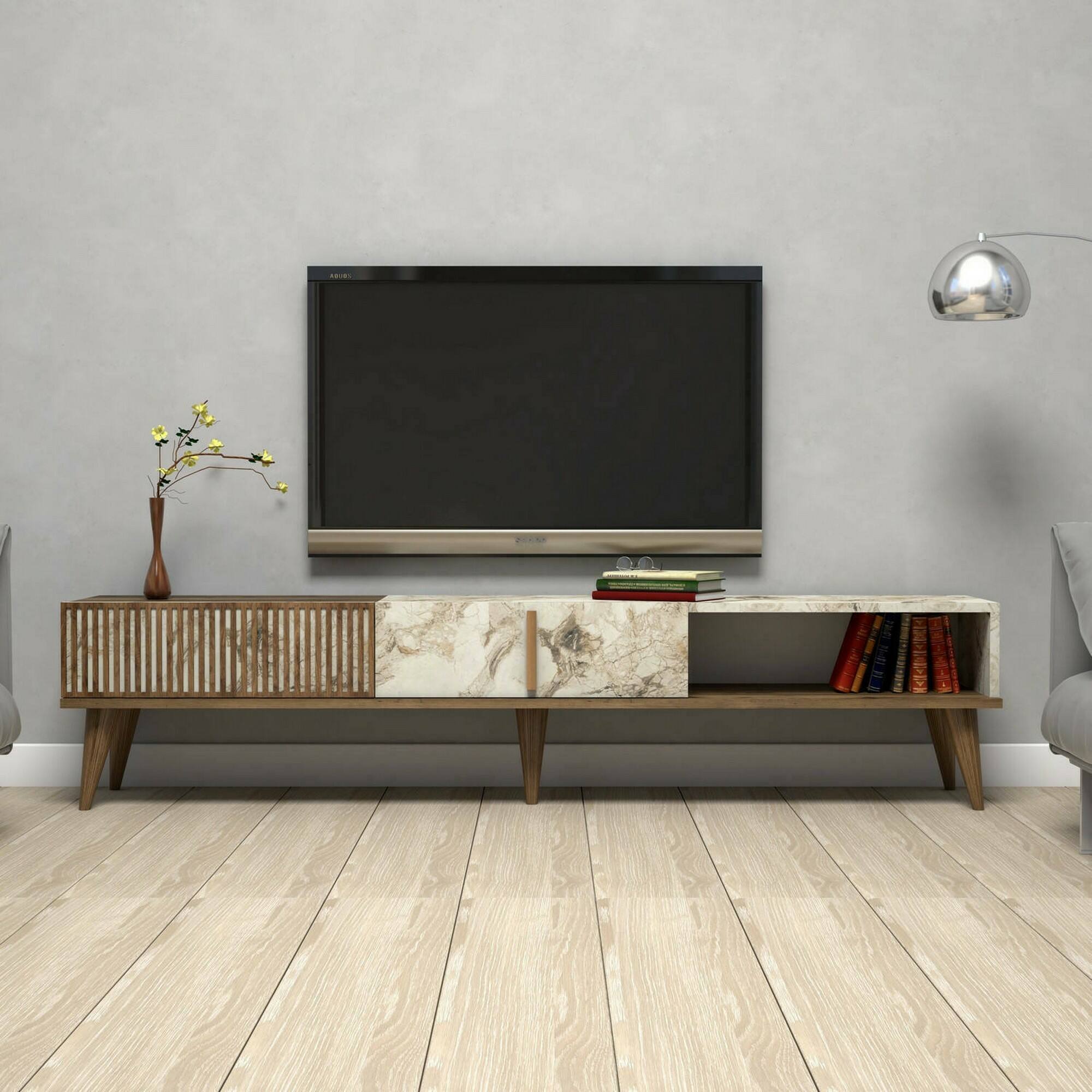 Mobile porta TV Jakuchu, Credenza da soggiorno, Armadio basso per TV, Base parete attrezzata, 180x35h40 cm, Noce e Bianco
