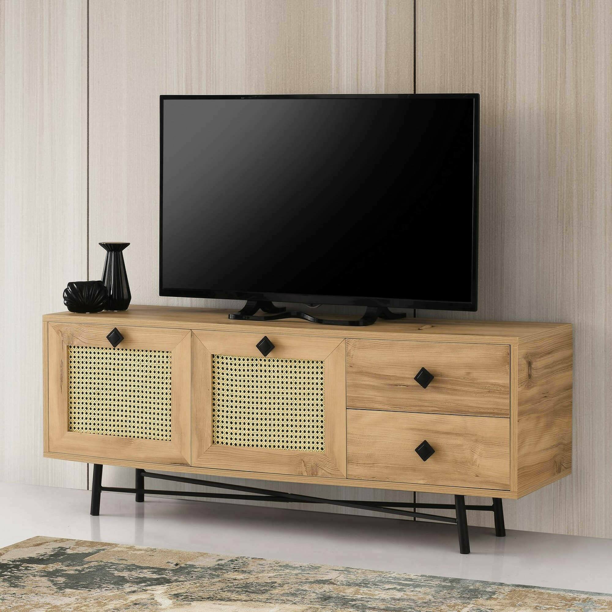 Mobile porta TV Apollinare, Credenza da soggiorno, Armadio basso per TV, Base parete attrezzata, 140x40h60 cm, Quercia e Nero
