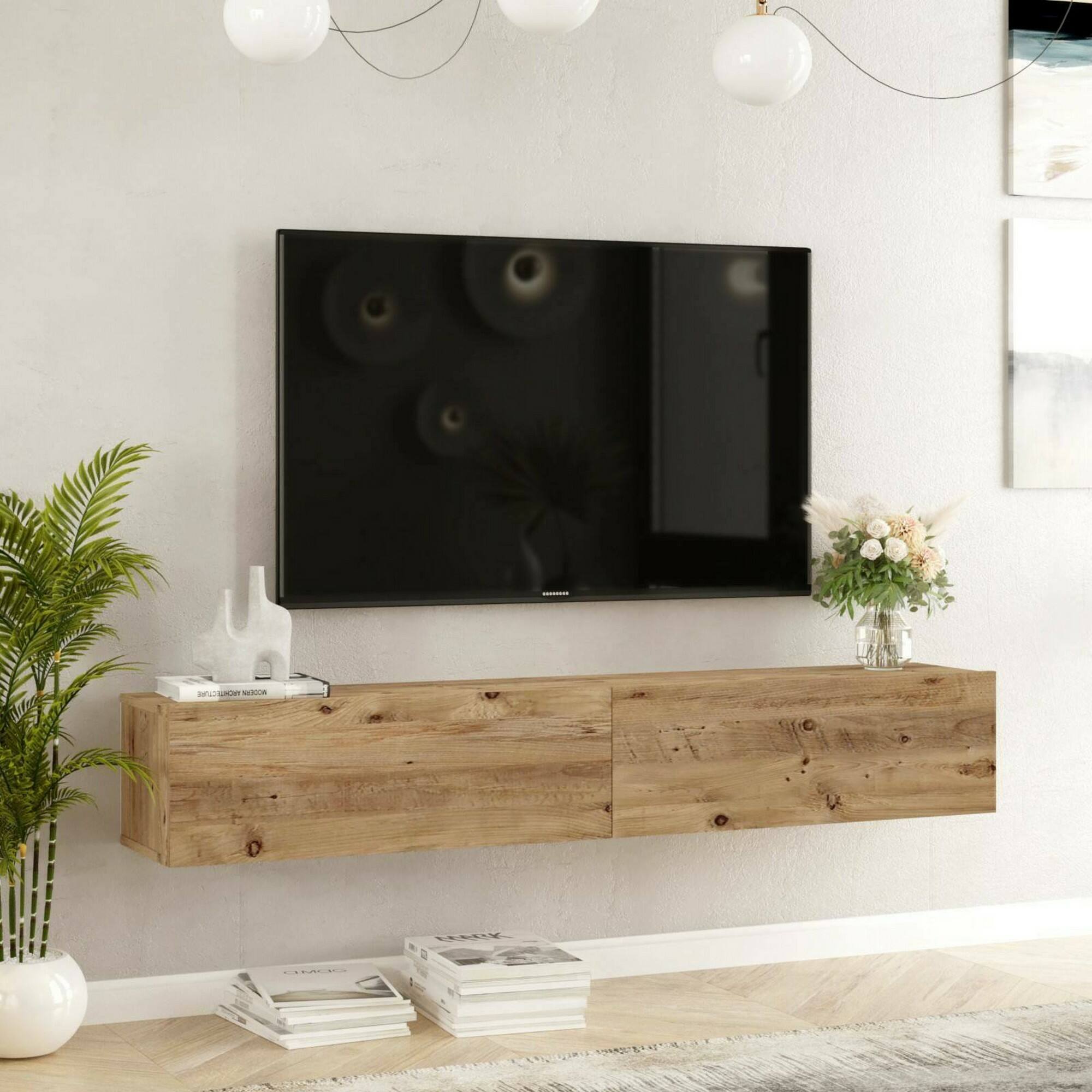 Mobile porta TV Pavone, Credenza da soggiorno, Armadio basso per TV, Base parete attrezzata, 180x32h30 cm, Quercia